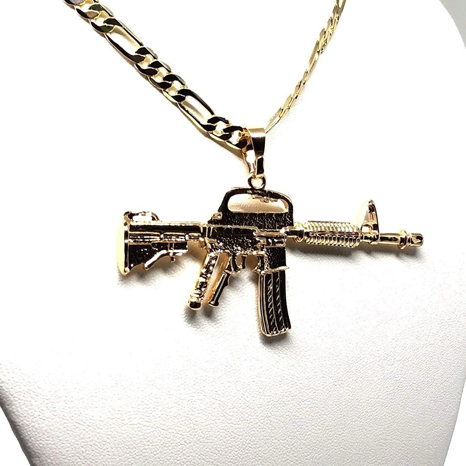 Gold Plated Machine Gun Pendant Necklace Figaro 26" Cuerno de Chivo Medalla Oro Laminado - Image 8