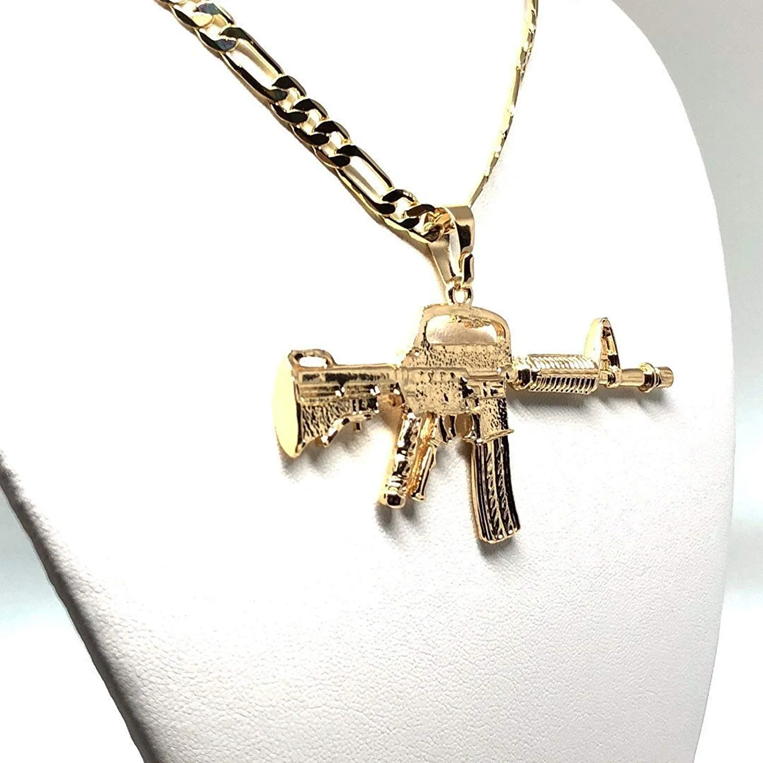 Gold Plated Machine Gun Pendant Necklace Figaro 26" Cuerno de Chivo Medalla Oro Laminado - Image 9