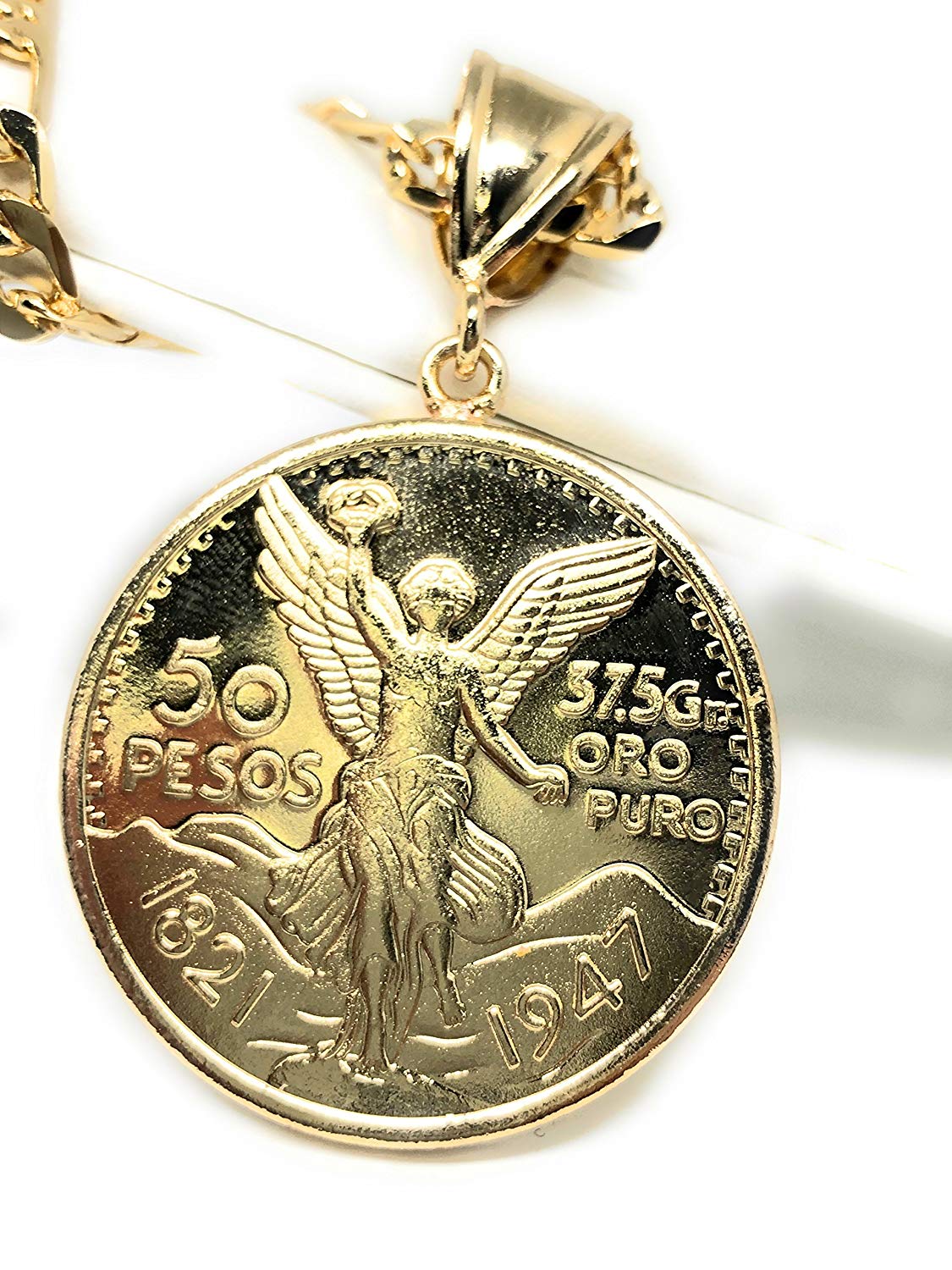 Gold Plated Mexican Coin Centenario Mexicano Moneda 50 Pesos Pendant Chain 26"