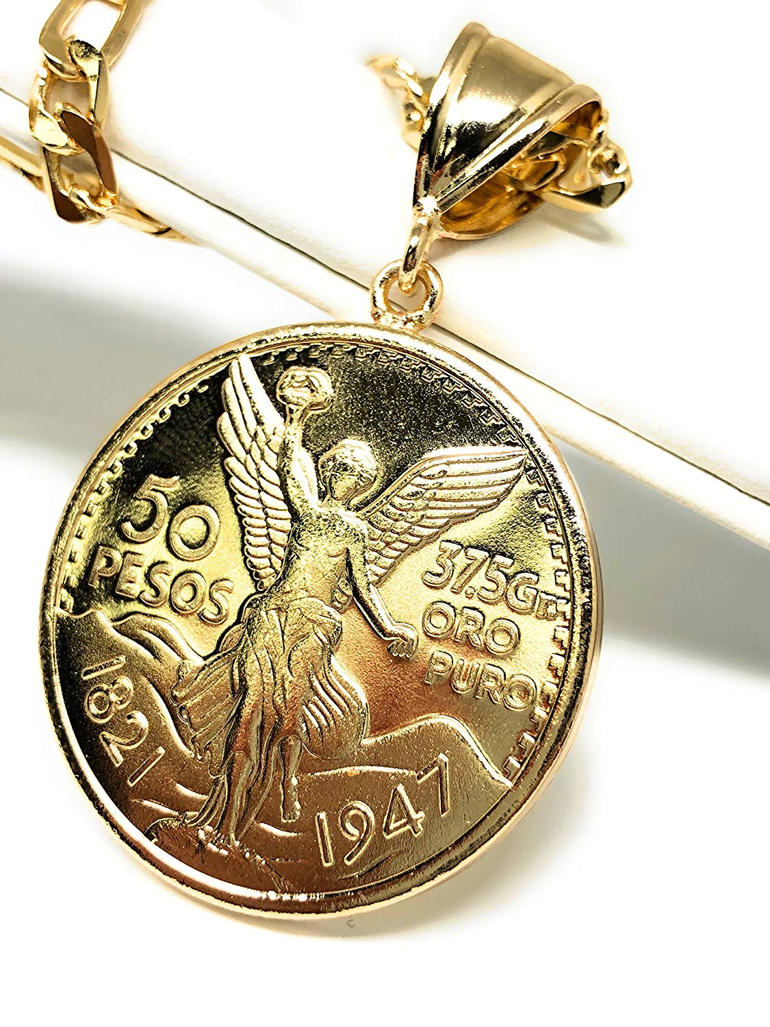 Gold Plated Mexican Coin Centenario Mexicano Moneda 50 Pesos Pendant Chain 26" - Image 3
