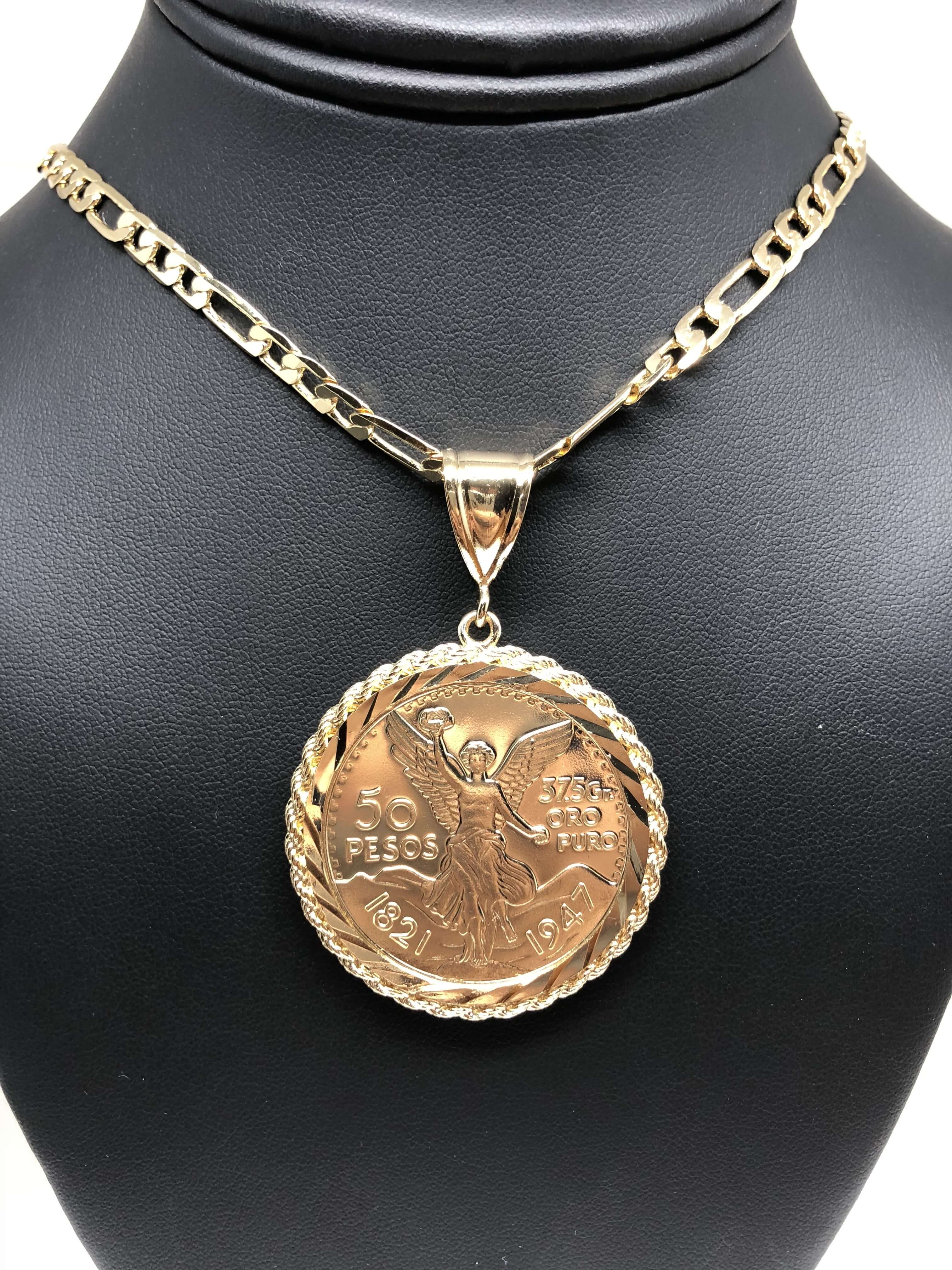 Gold Plated Mexican Coin Centenario Mexicano Moneda 50 Pesos Pendant Chain 26" - Image 4