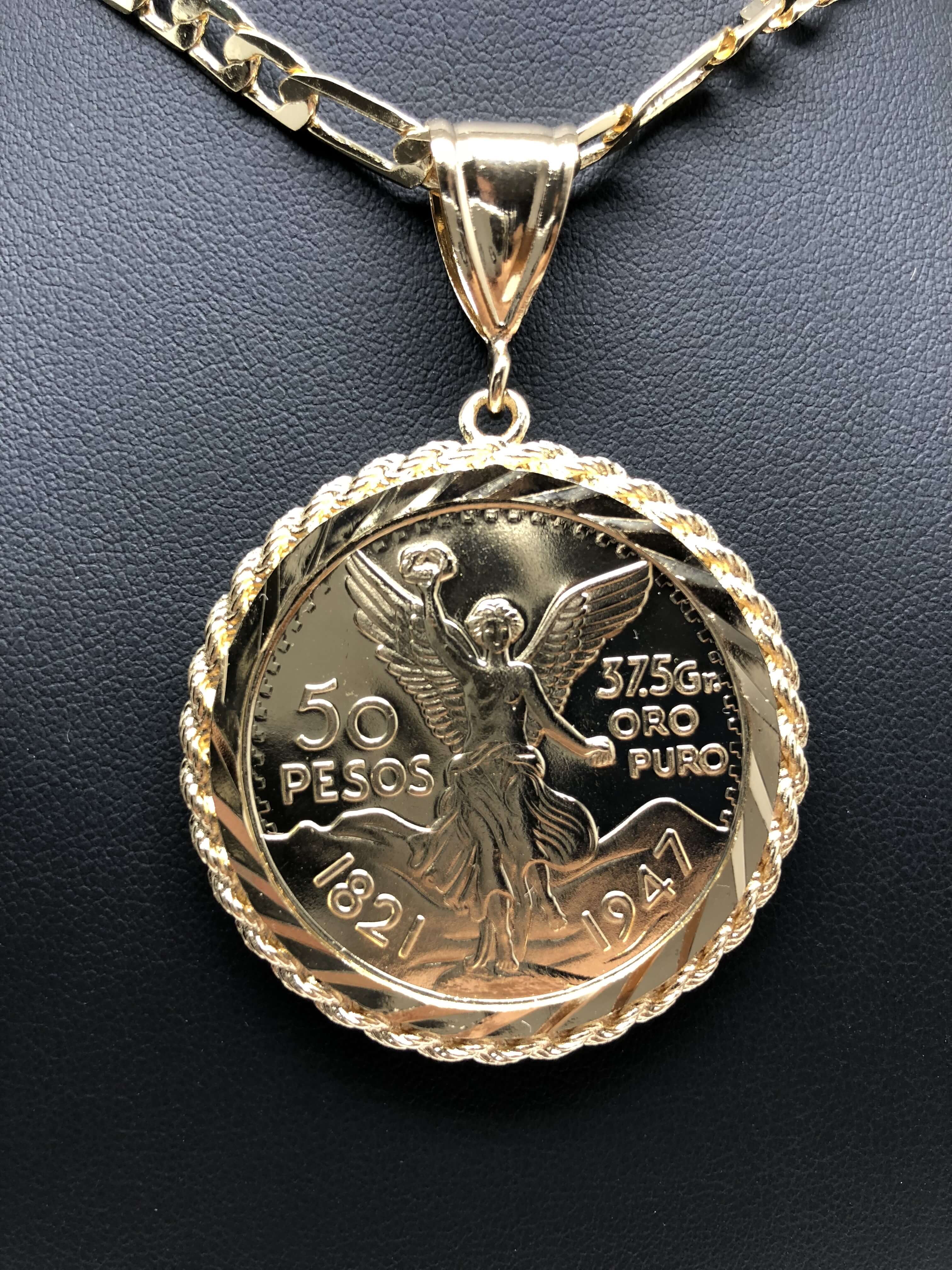 Gold Plated Mexican Coin Centenario Mexicano Moneda 50 Pesos Pendant Chain 26" - Image 6