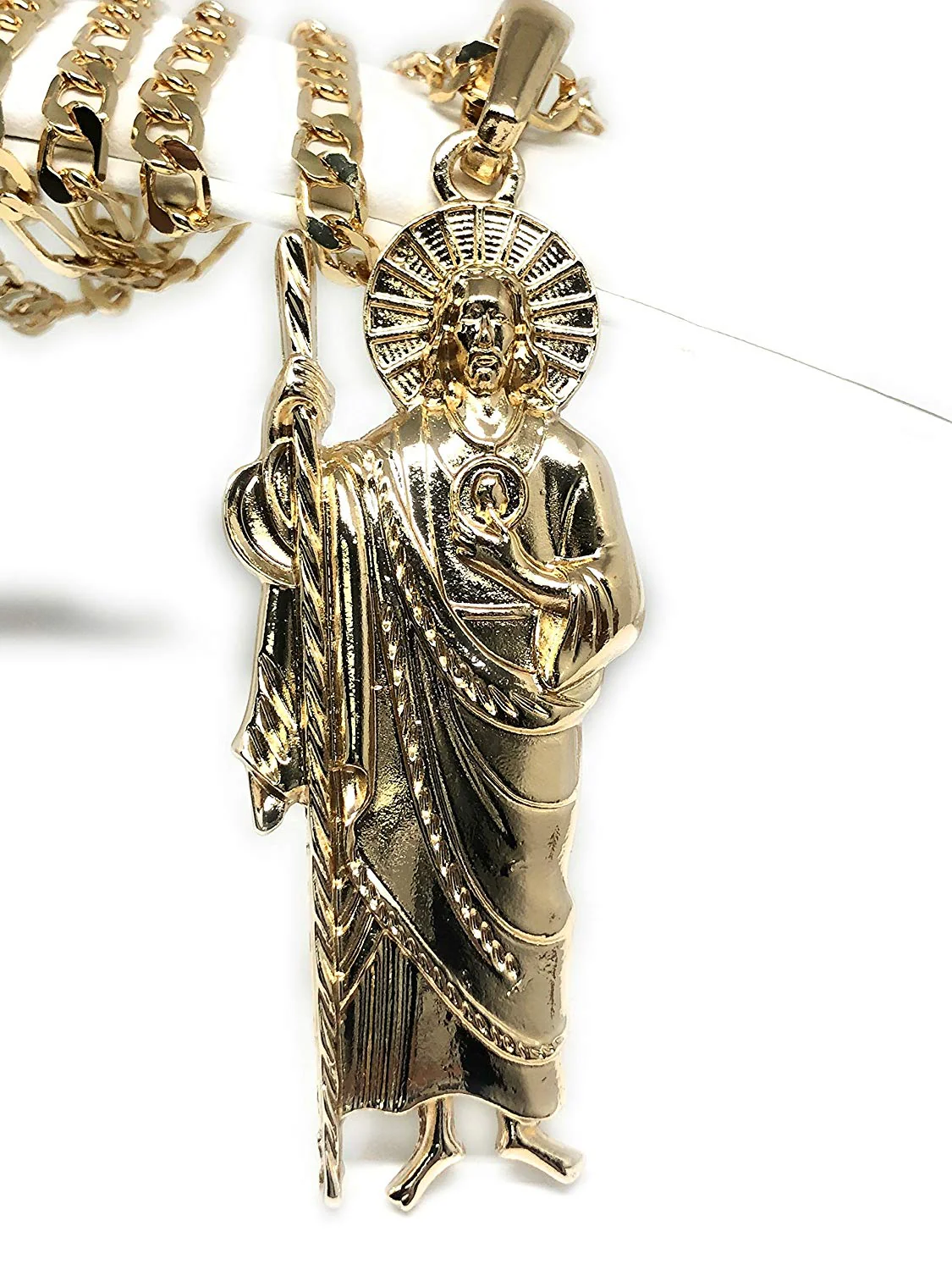 Gold Plated Big Saint Jude Pendant Necklace Figaro 26" San Judas Tadeo Medalla XL Cadena Oro - Image 3