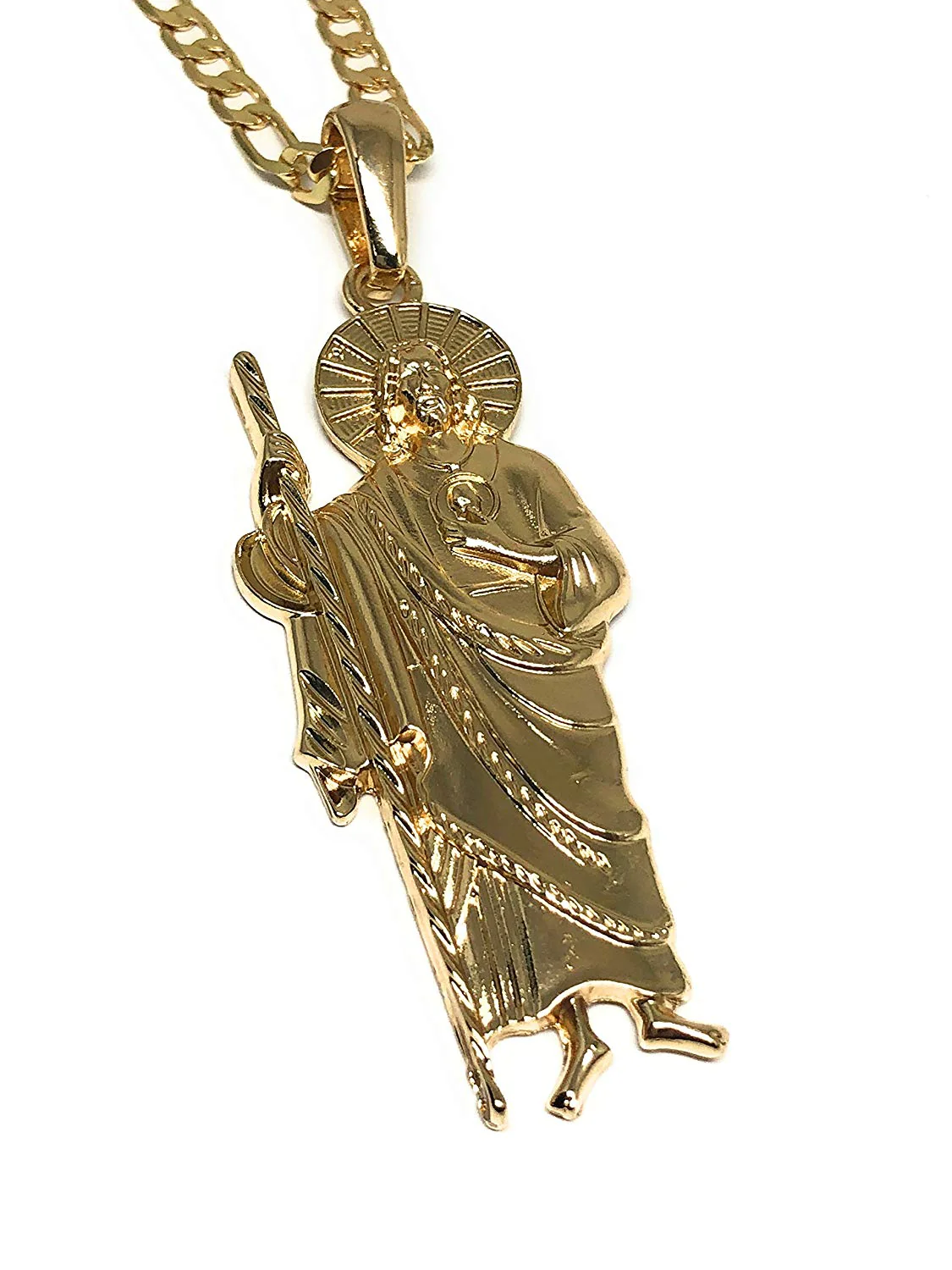 Gold Plated Big Saint Jude Pendant Necklace Figaro 26" San Judas Tadeo Medalla XL Cadena Oro - Image 4