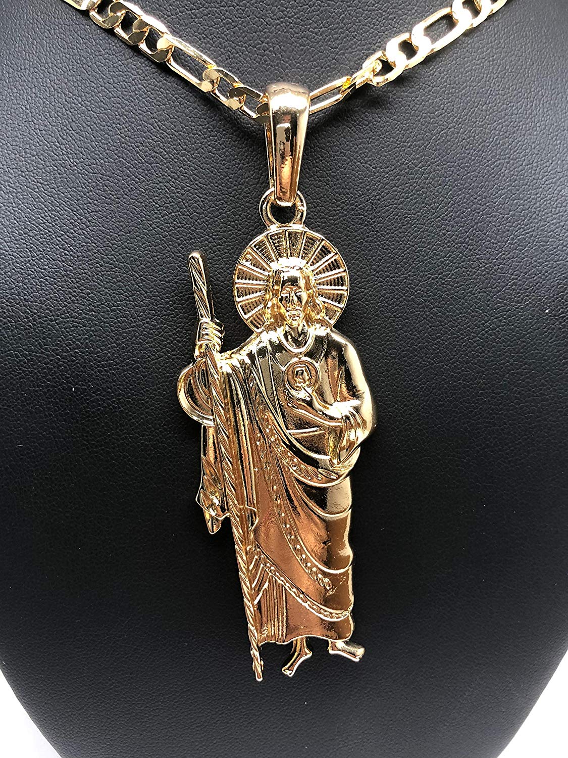 Gold Plated Big Saint Jude Pendant Necklace Figaro 26" San Judas Tadeo Medalla XL Cadena Oro - Image 5