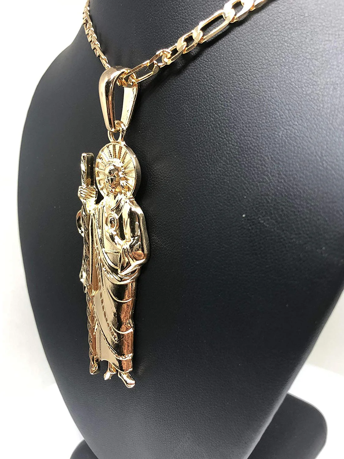 Gold Plated Big Saint Jude Pendant Necklace Figaro 26" San Judas Tadeo Medalla XL Cadena Oro - Image 6
