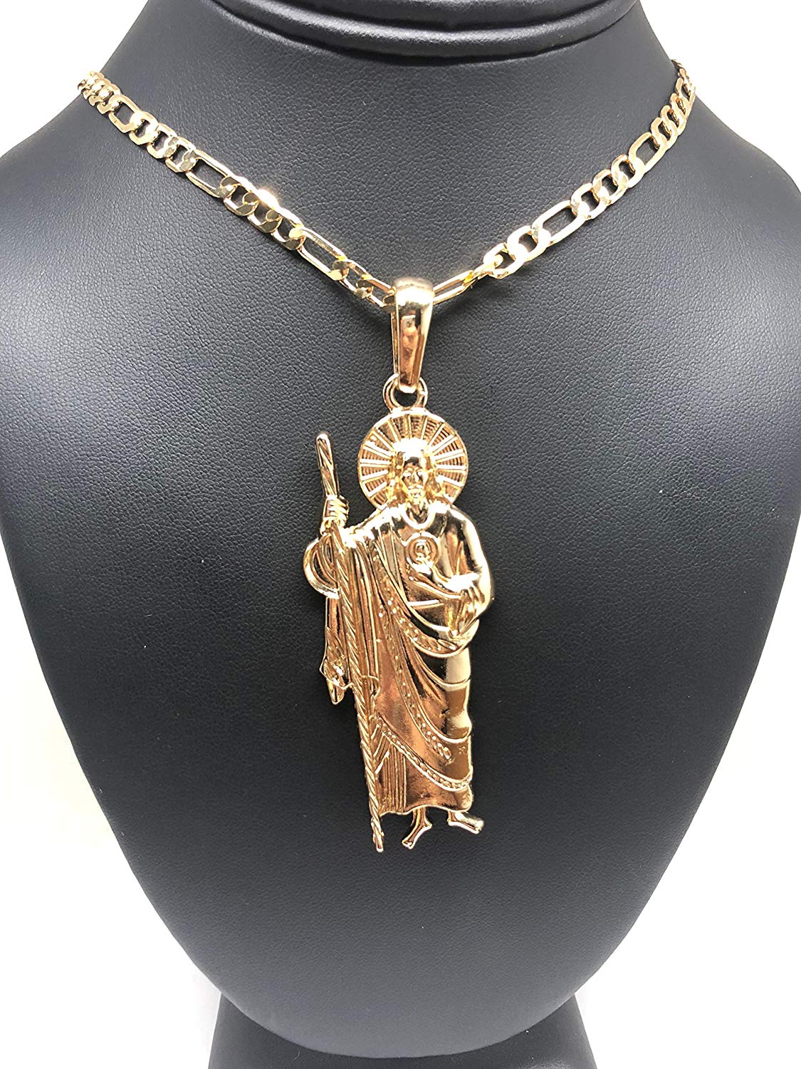 Gold Plated Big Saint Jude Pendant Necklace Figaro 26" San Judas Tadeo Medalla XL Cadena Oro - Image 7