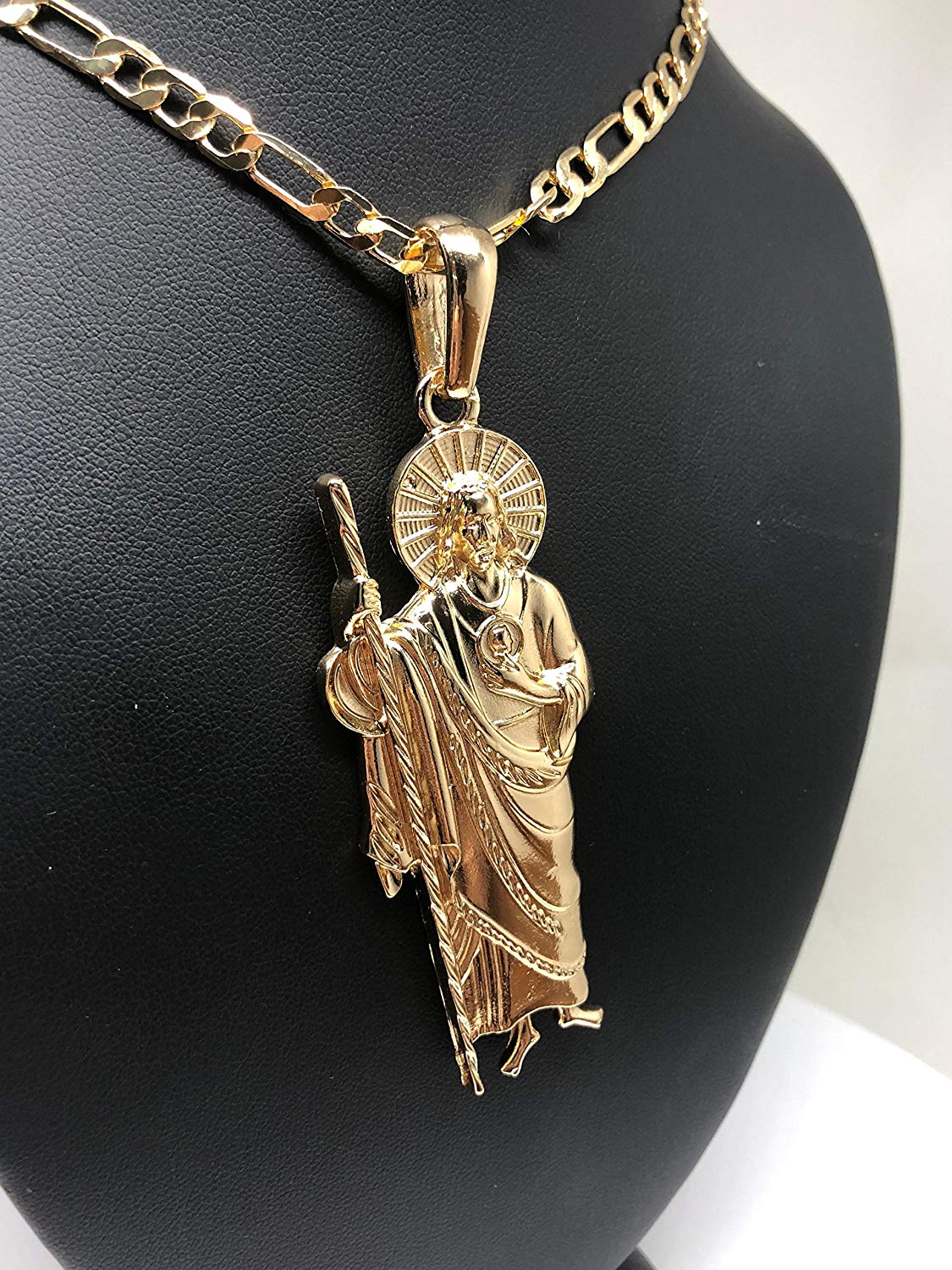 Gold Plated Big Saint Jude Pendant Necklace Figaro 26" San Judas Tadeo Medalla XL Cadena Oro - Image 8
