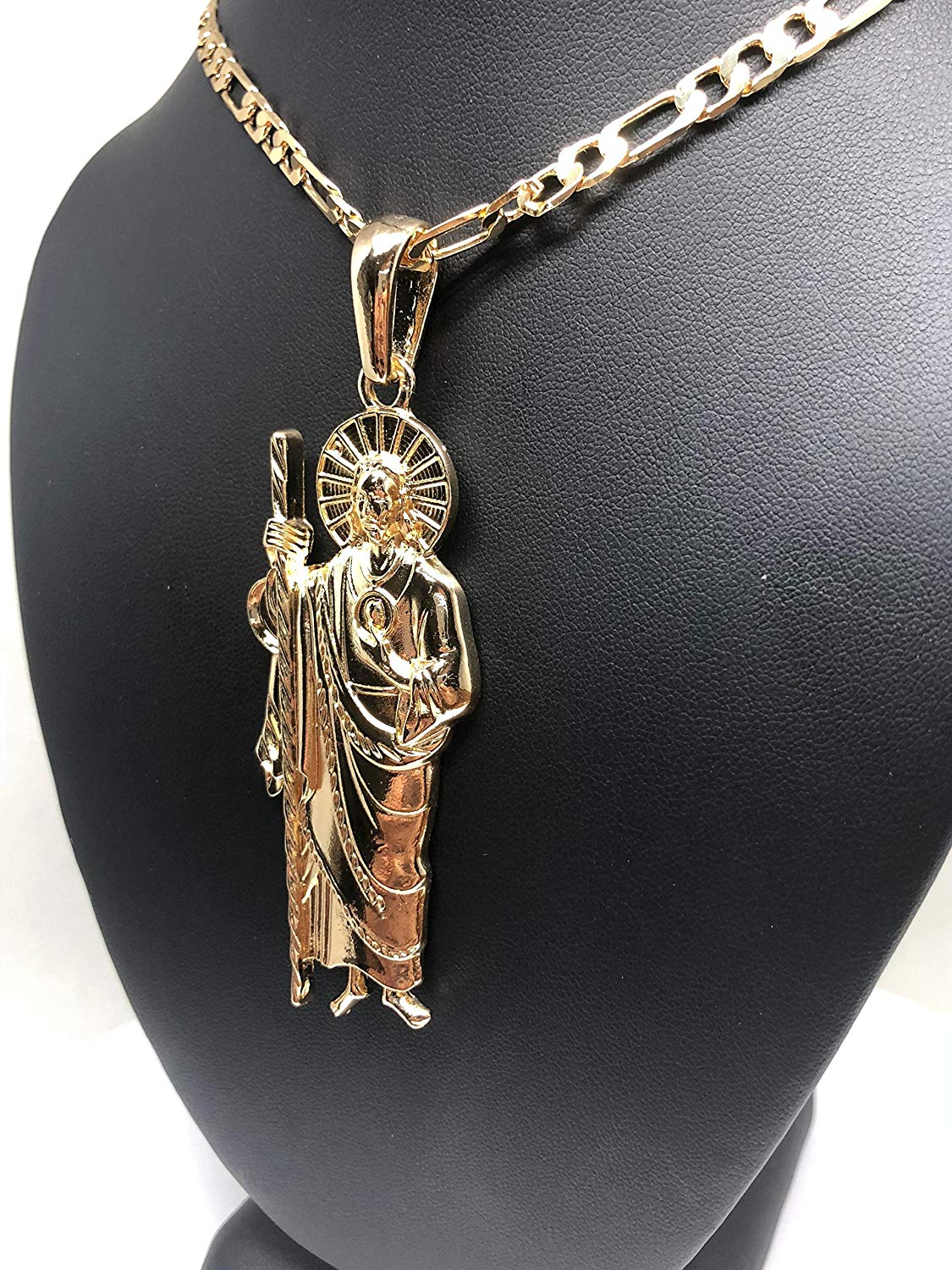 Gold Plated Big Saint Jude Pendant Necklace Figaro 26" San Judas Tadeo Medalla XL Cadena Oro - Image 9