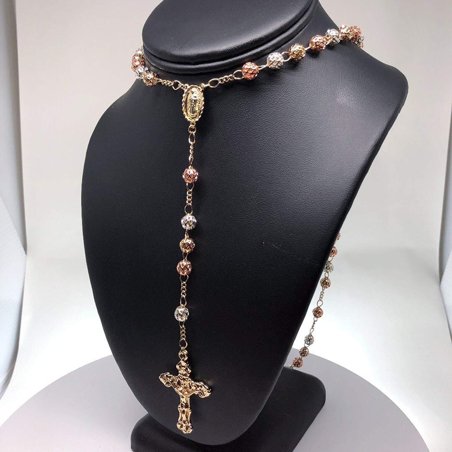 Gold Plated Tri-Color Virgin Mary Rosary Necklace Virgen de Guadalupe Rosario Crucifijo Oro Tres Colores 26" - Image 4
