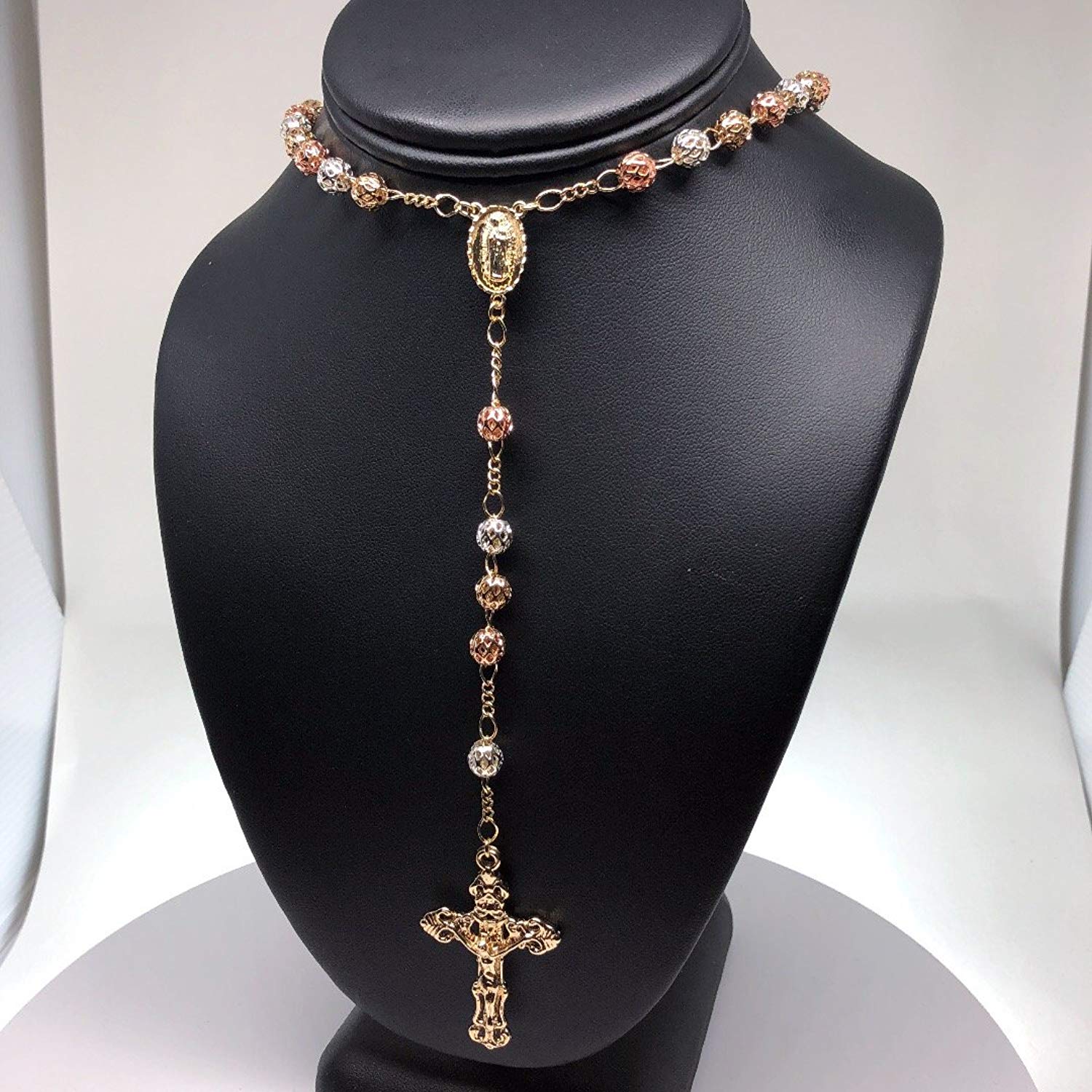 Gold Plated Tri-Color Virgin Mary Rosary Necklace Virgen de Guadalupe Rosario Crucifijo Oro Tres Colores 26" - Image 5