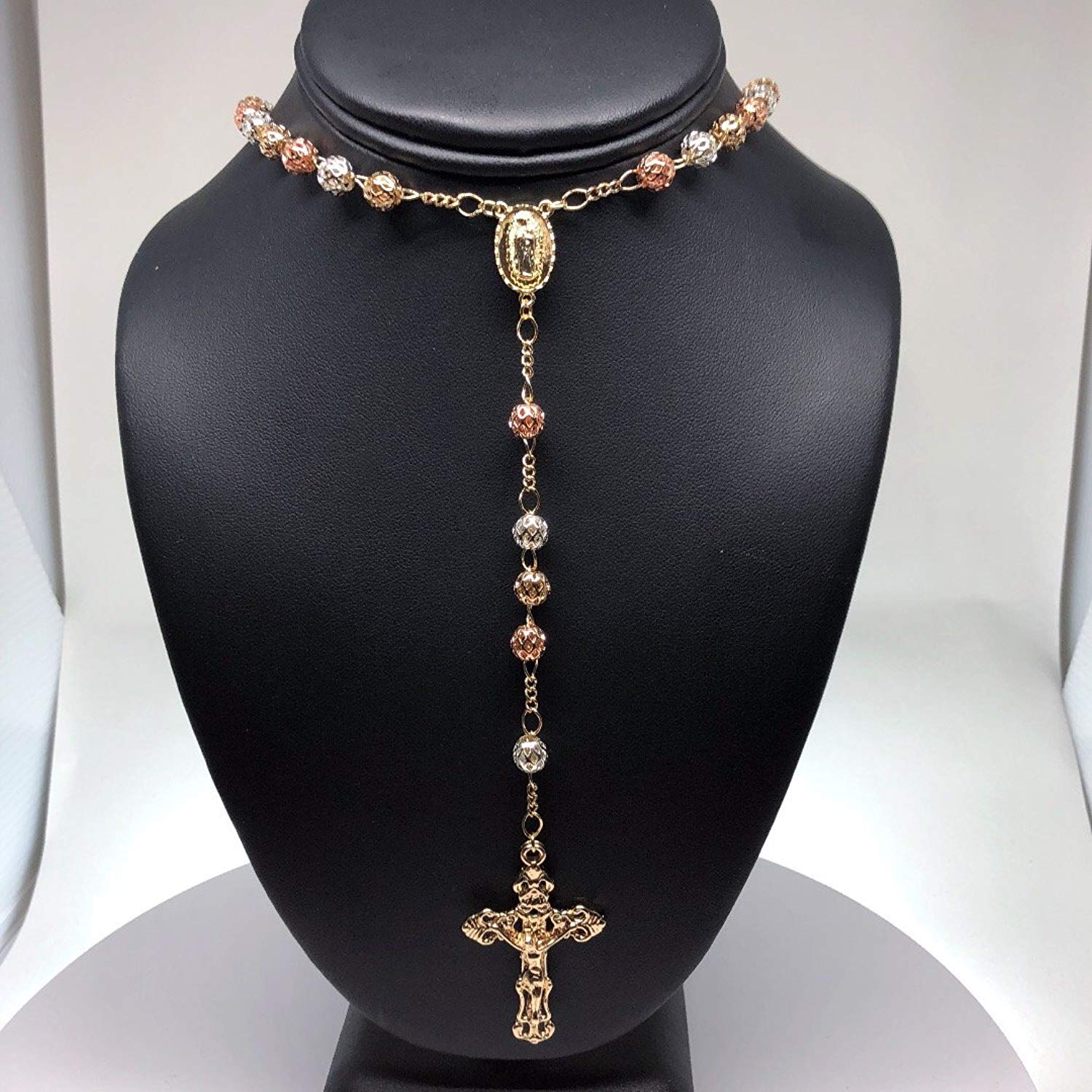 Gold Plated Tri-Color Virgin Mary Rosary Necklace Virgen de Guadalupe Rosario Crucifijo Oro Tres Colores 26" - Image 6