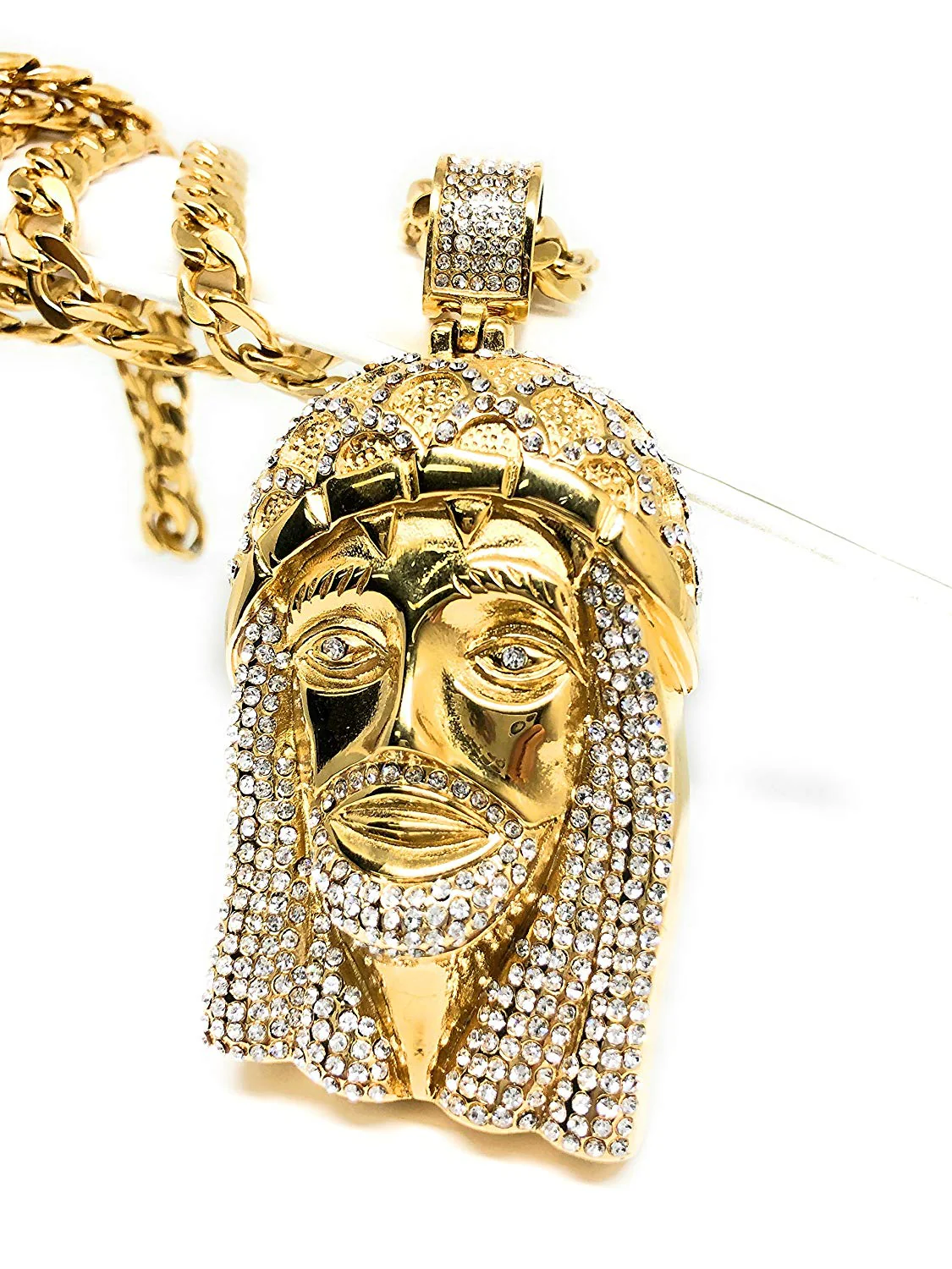 Men Iced Out Hip Hop Gold Plated Big Jesus Face CZ Pendant 30" Cuban Link Chain 7mm - Image 3
