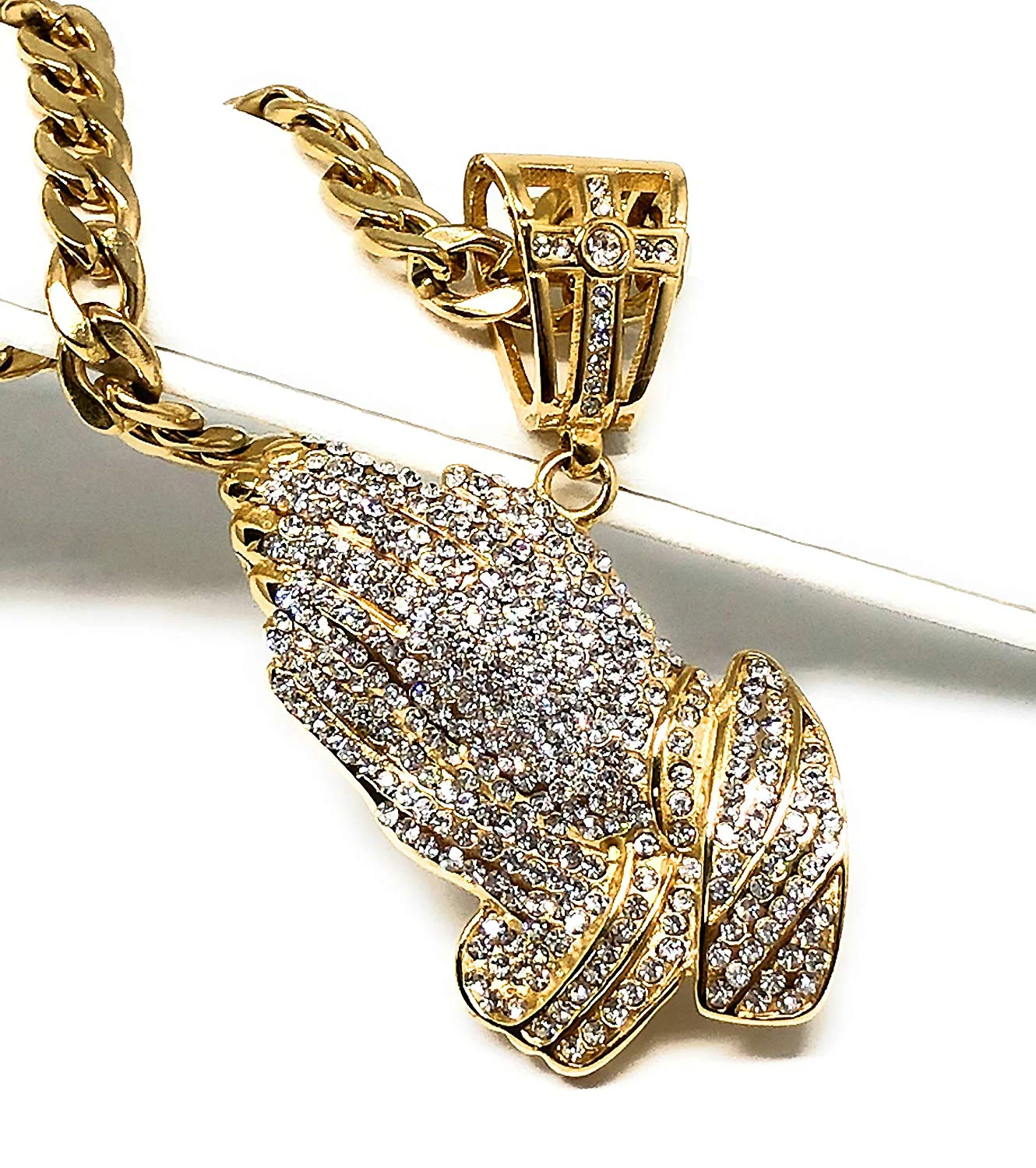 Men's Gold Plated Iced Out Hip Hop Big Prayer Hand CZ Pendant 30" Cuban Link Chain 7mm - Image 3