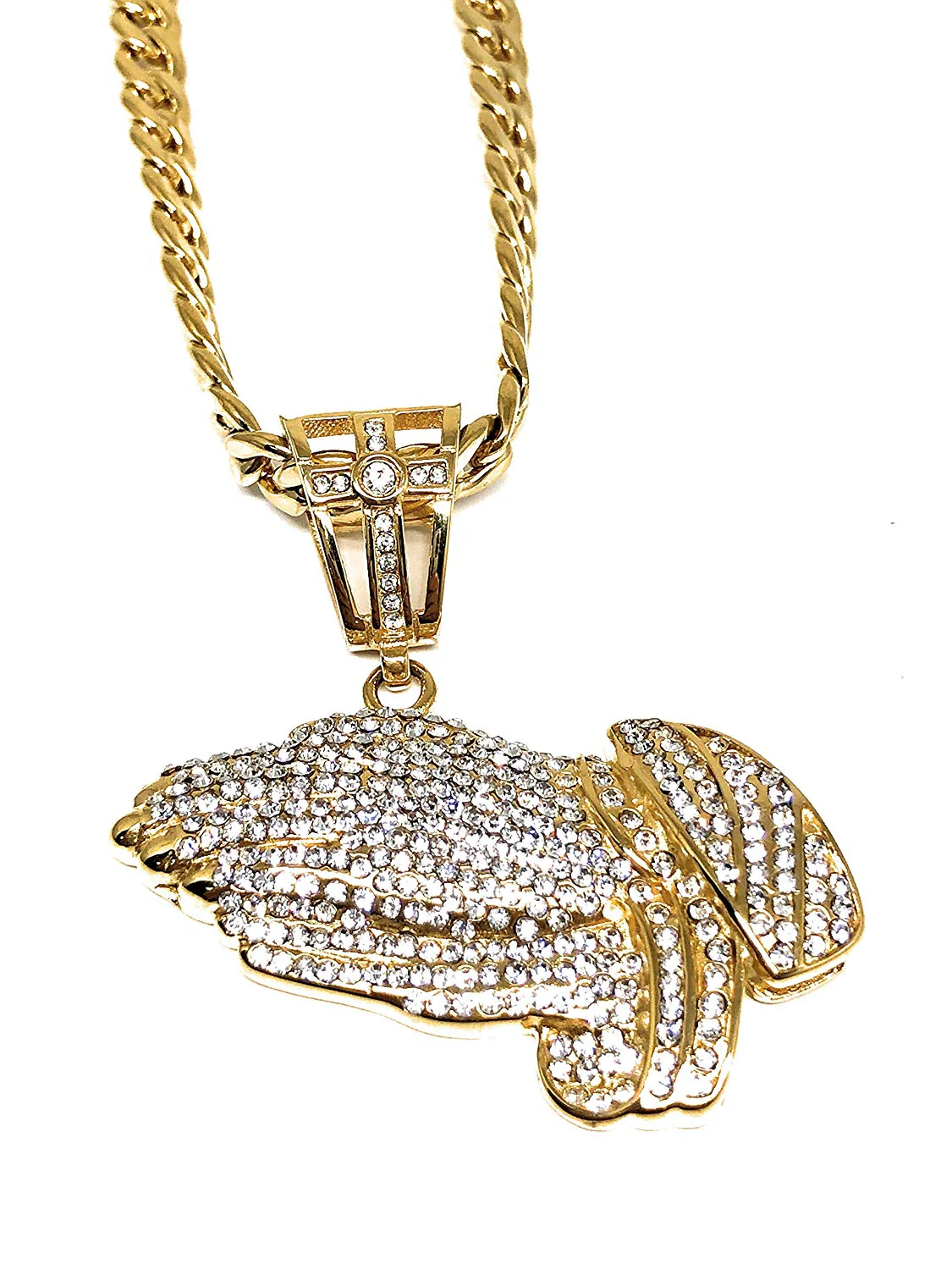 Men's Gold Plated Iced Out Hip Hop Big Prayer Hand CZ Pendant 30" Cuban Link Chain 7mm - Image 4