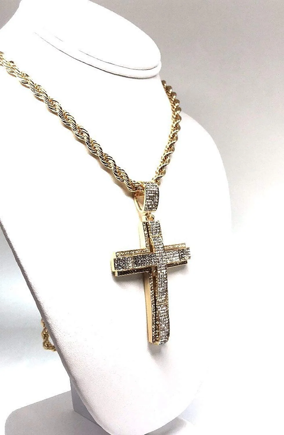 Men's Hip Hop Gold Plated Iced Out Cross CZ Pendant Necklace 30" Rope Chain 3.5mm - Image 3