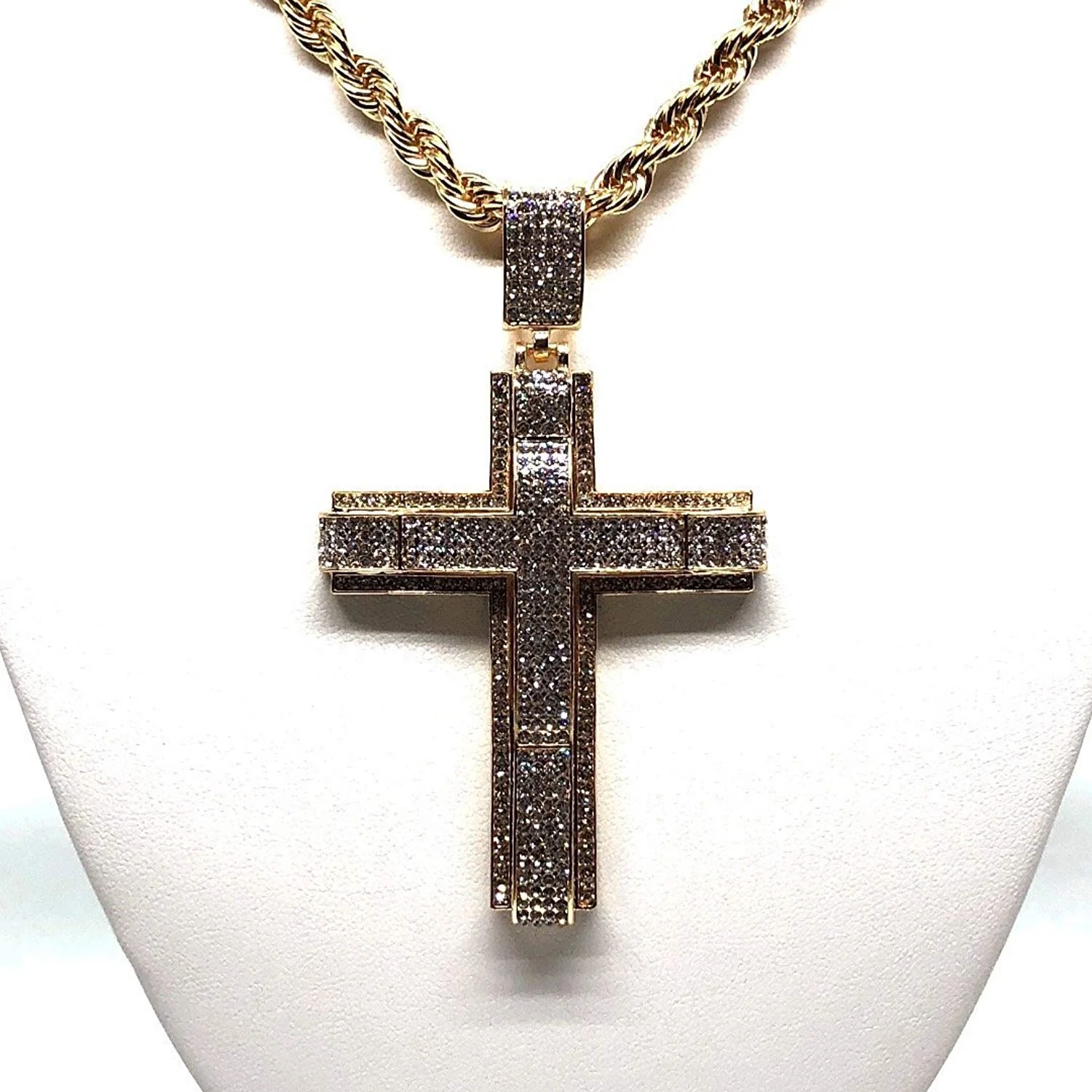 Men's Hip Hop Gold Plated Iced Out Cross CZ Pendant Necklace 30" Rope Chain 3.5mm - Image 4