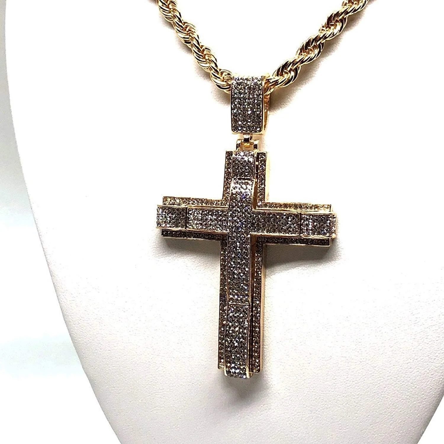 Men's Hip Hop Gold Plated Iced Out Cross CZ Pendant Necklace 30" Rope Chain 3.5mm - Image 5