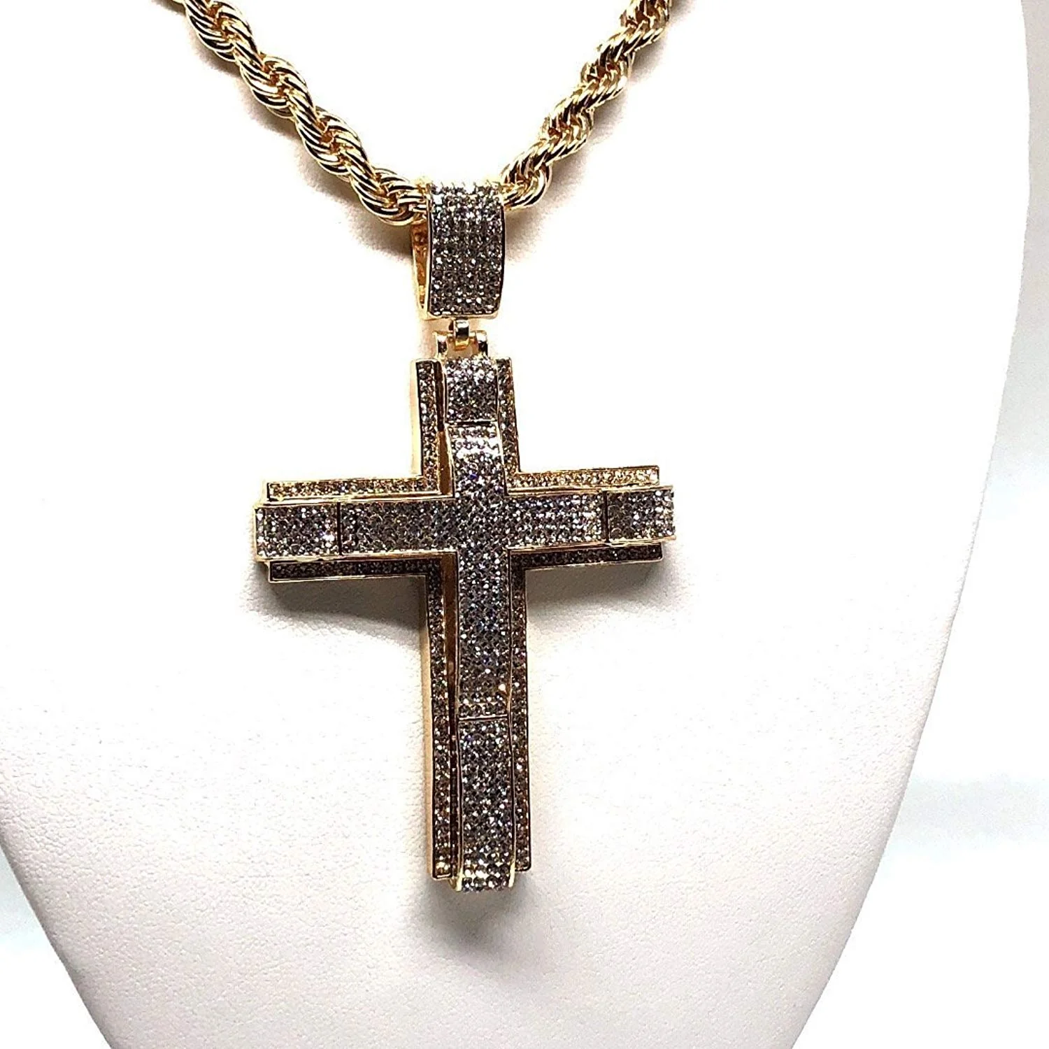 Men's Hip Hop Gold Plated Iced Out Cross CZ Pendant Necklace 30" Rope Chain 3.5mm - Image 6