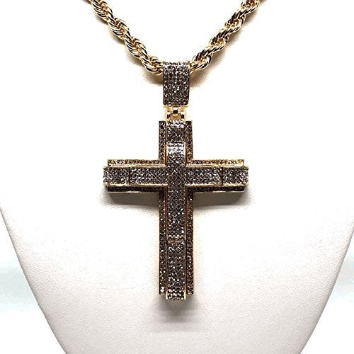 Men's Hip Hop Gold Plated Iced Out Cross CZ Pendant Necklace 30" Rope Chain 3.5mm - Image 7