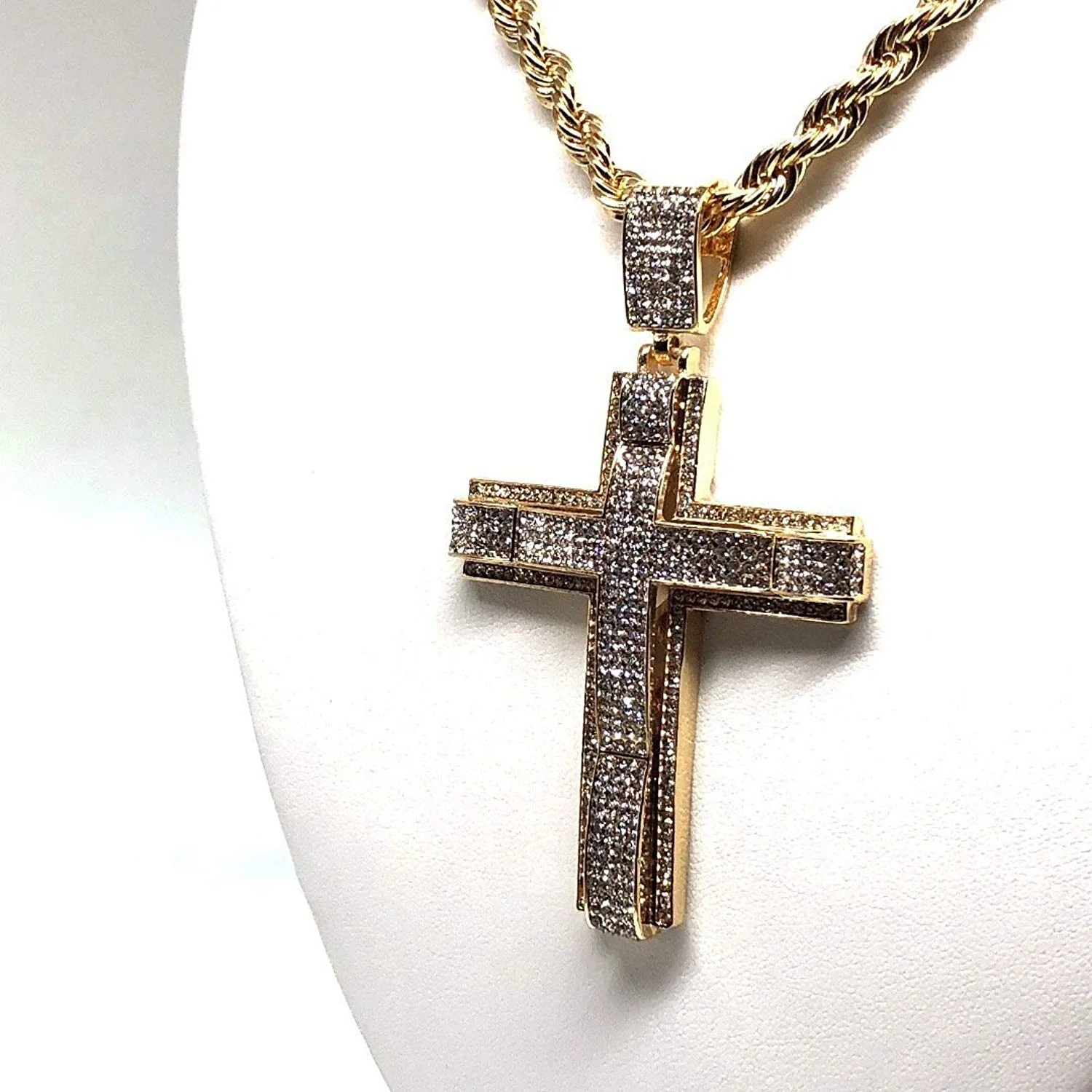Men's Hip Hop Gold Plated Iced Out Cross CZ Pendant Necklace 30" Rope Chain 3.5mm - Image 8