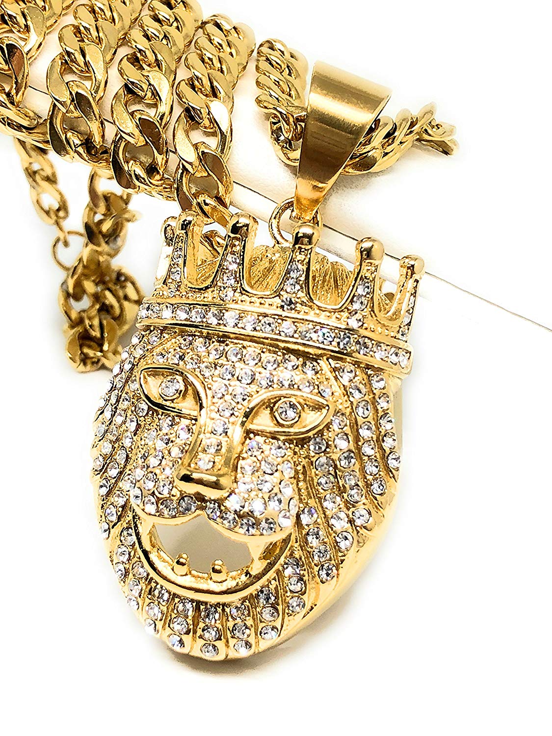 Men's Hip Hop Gold Plated Iced Out Lion Crown Face Head Pendant Necklace 30" Cuban Link 7mm - Image 3