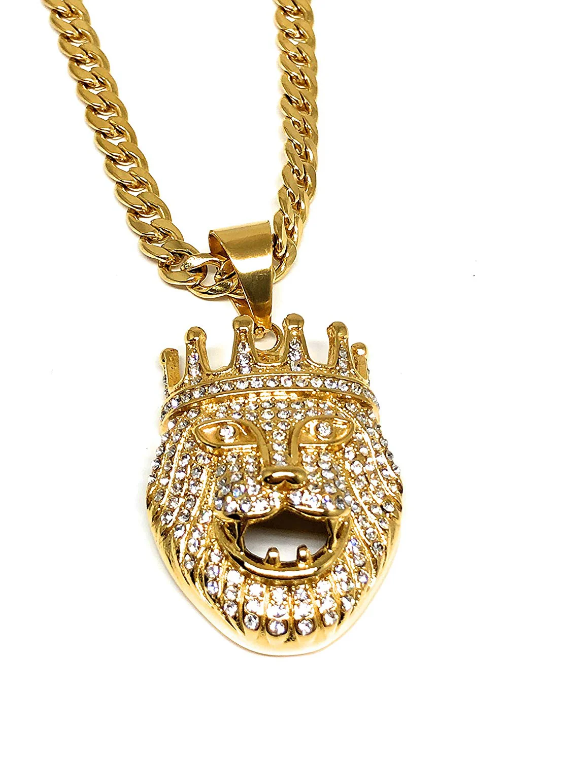 Men's Hip Hop Gold Plated Iced Out Lion Crown Face Head Pendant Necklace 30" Cuban Link 7mm - Image 4
