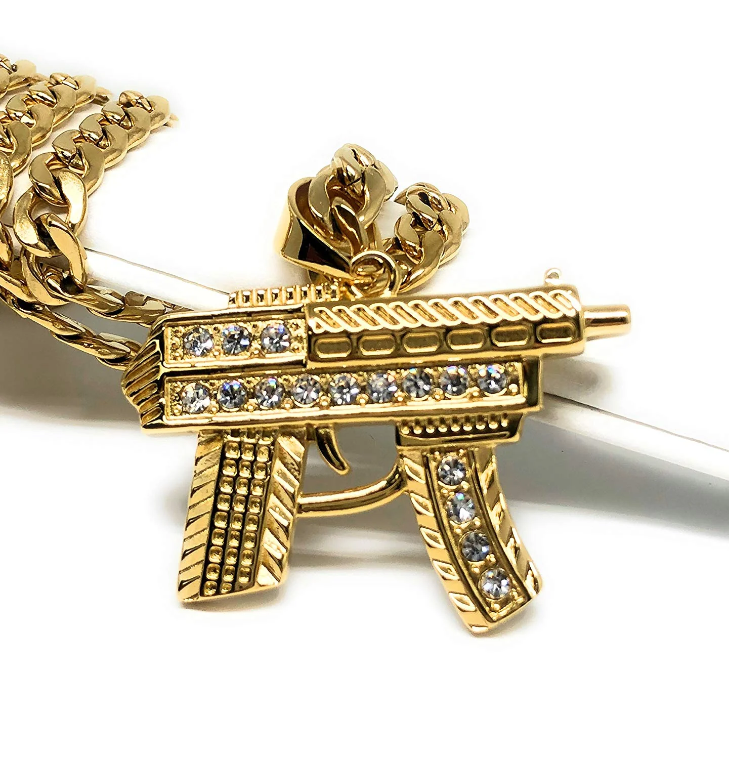 Men's Hip Hop Gold Plated Iced Out Uzi Machine Gun Pendant Necklace 30" Cuban Link Chain 7mm - Image 3