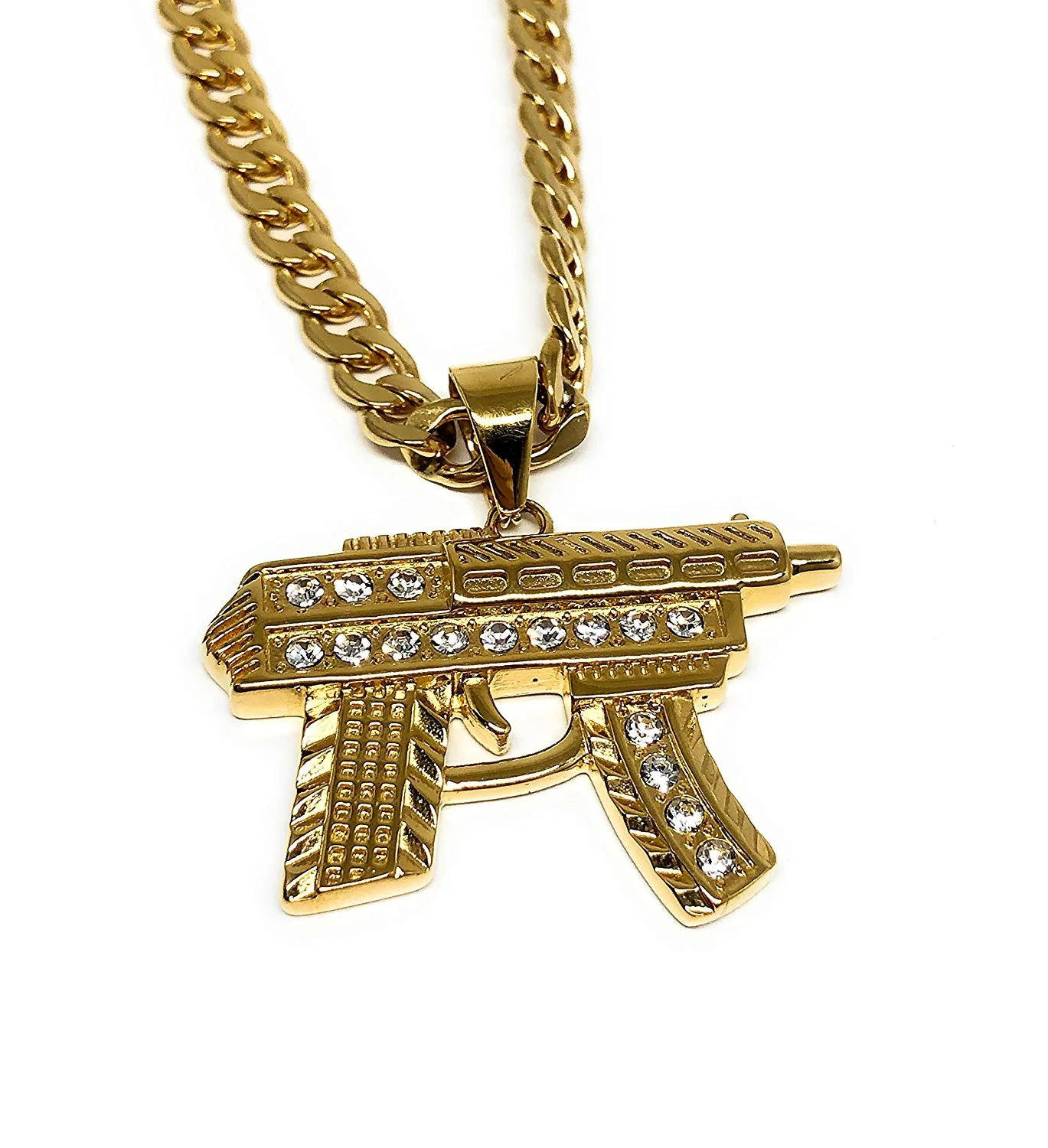 Men's Hip Hop Gold Plated Iced Out Uzi Machine Gun Pendant Necklace 30" Cuban Link Chain 7mm - Image 4