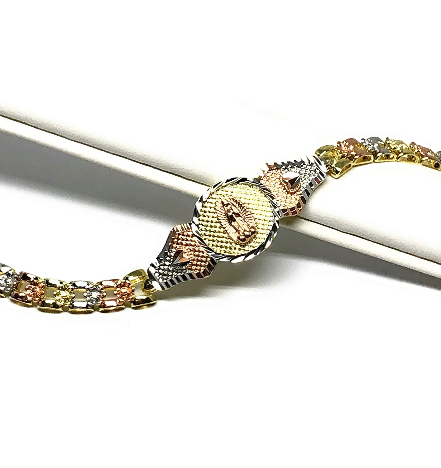 Gold Plated Tri-Color Virgin Mary Bracelet Virgen De Guadalupe Pulsera Tres Colores Oro Laminado 8" - Image 3