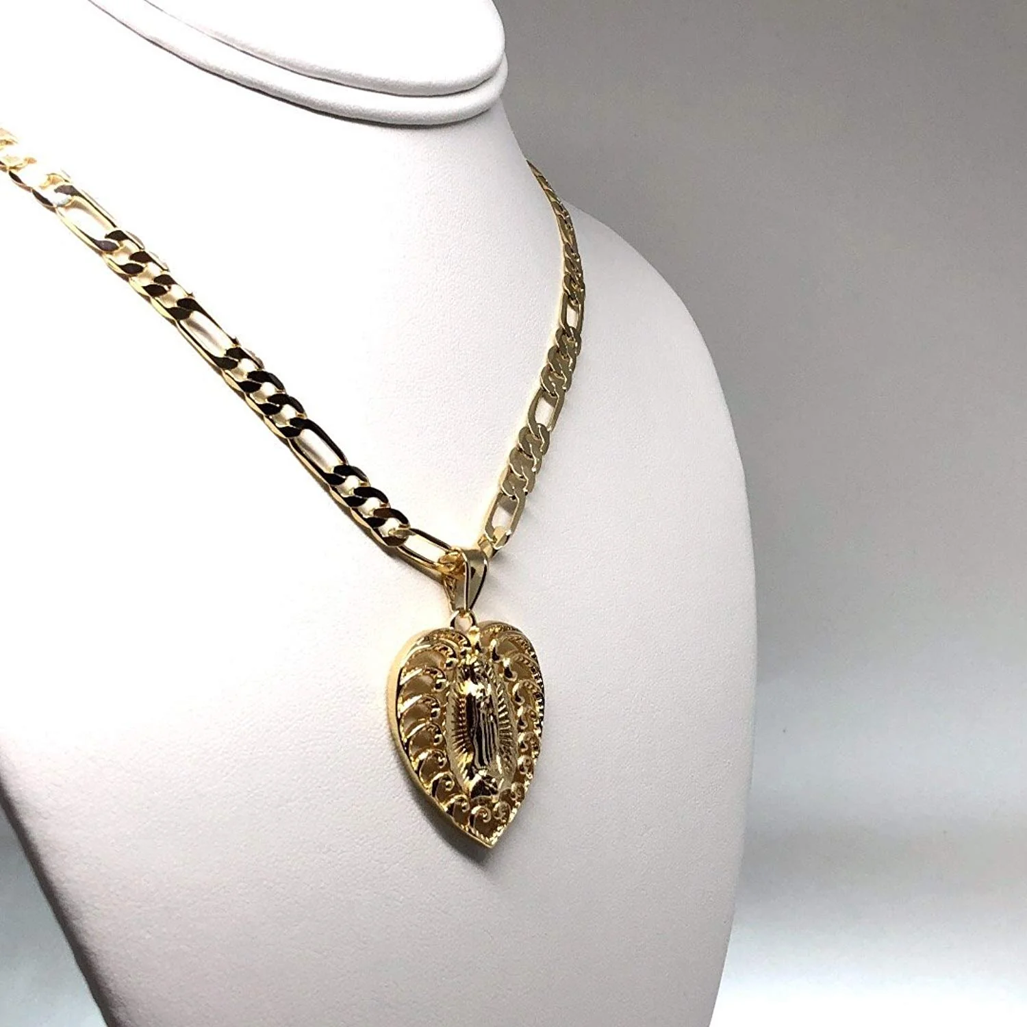 Gold Plated Virgin Mary Heart Pendant Necklace Figaro 26" Corazon Virgen de Guadalupe Medalla Oro Laminado - Image 4