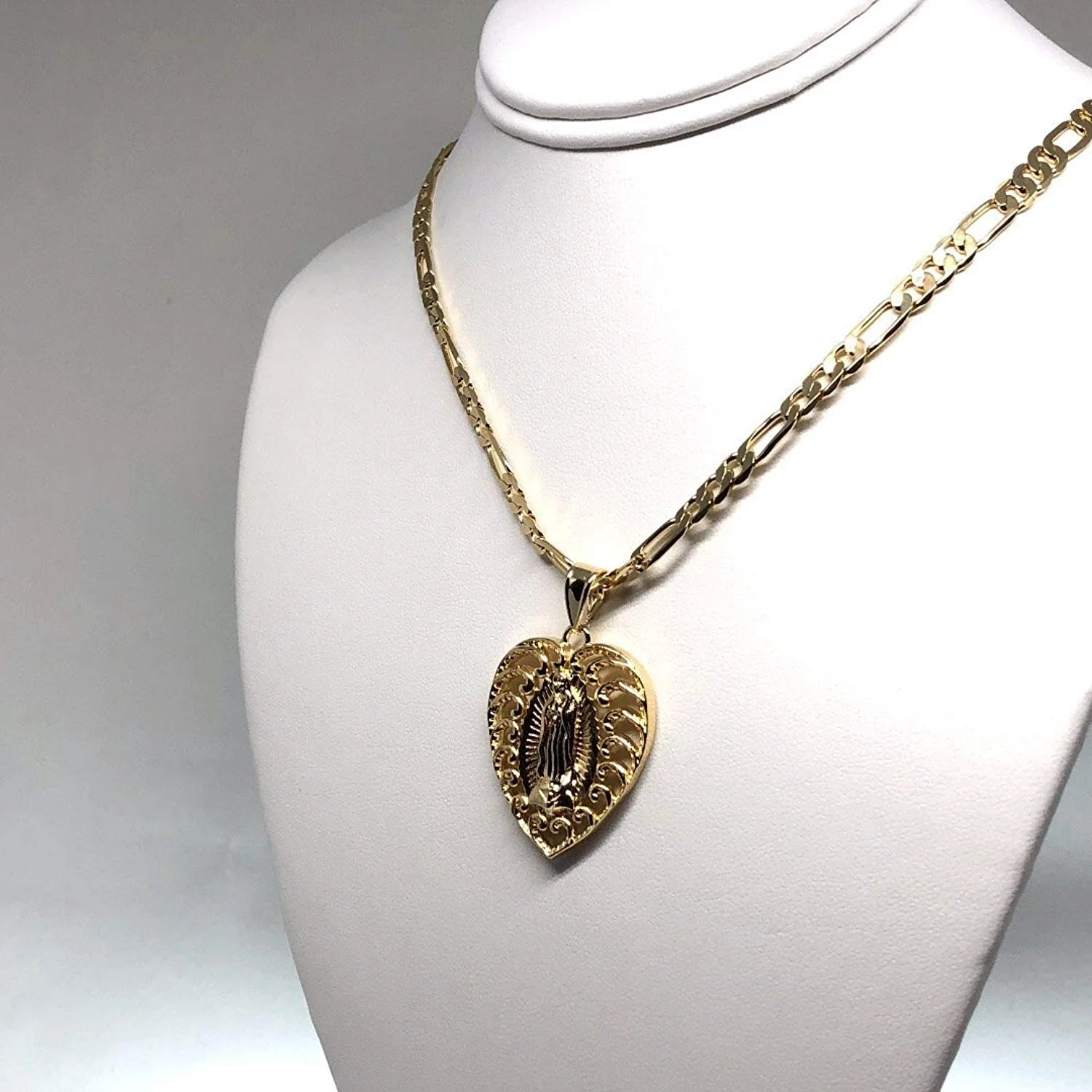 Gold Plated Virgin Mary Heart Pendant Necklace Figaro 26" Corazon Virgen de Guadalupe Medalla Oro Laminado - Image 5