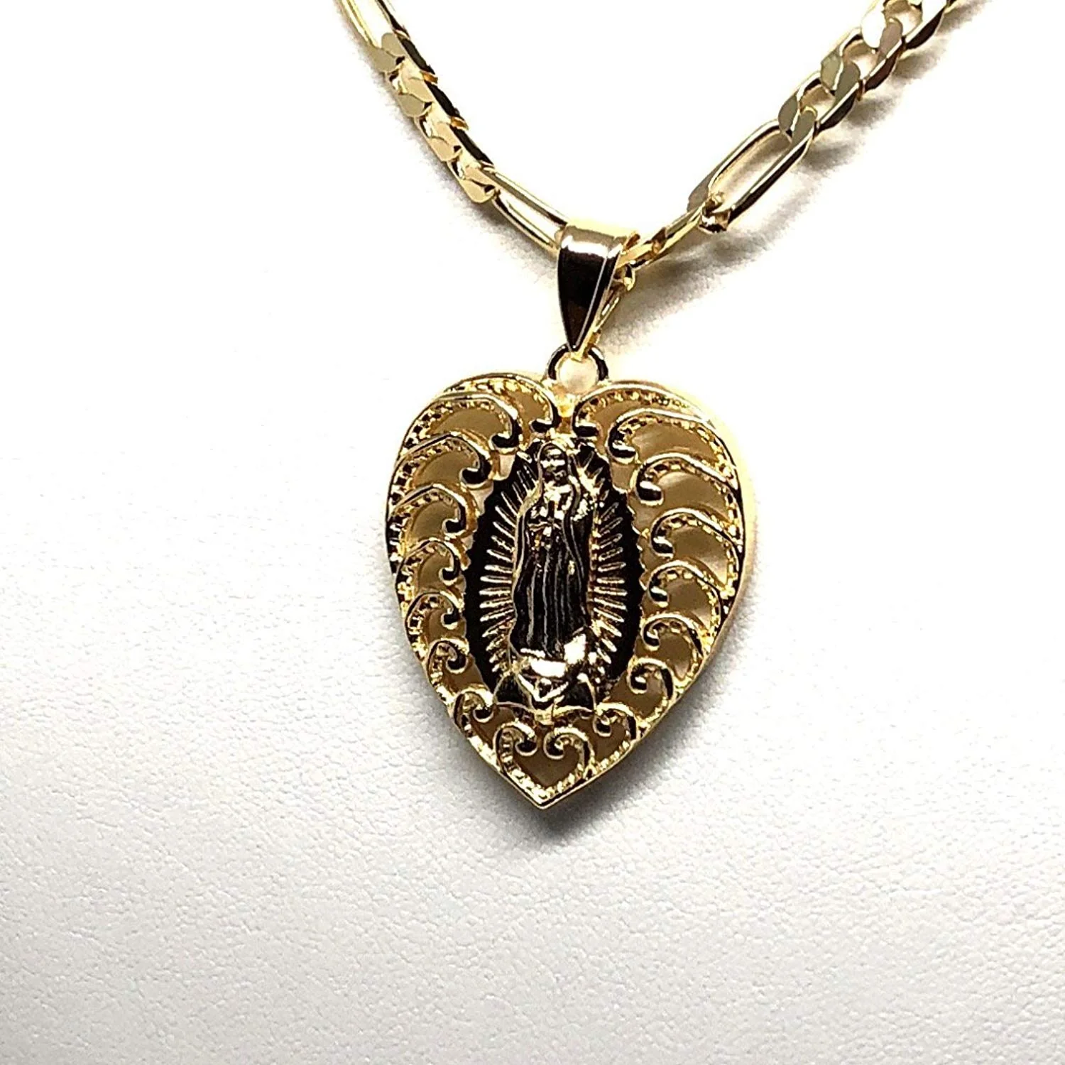 Gold Plated Virgin Mary Heart Pendant Necklace Figaro 26" Corazon Virgen de Guadalupe Medalla Oro Laminado - Image 6