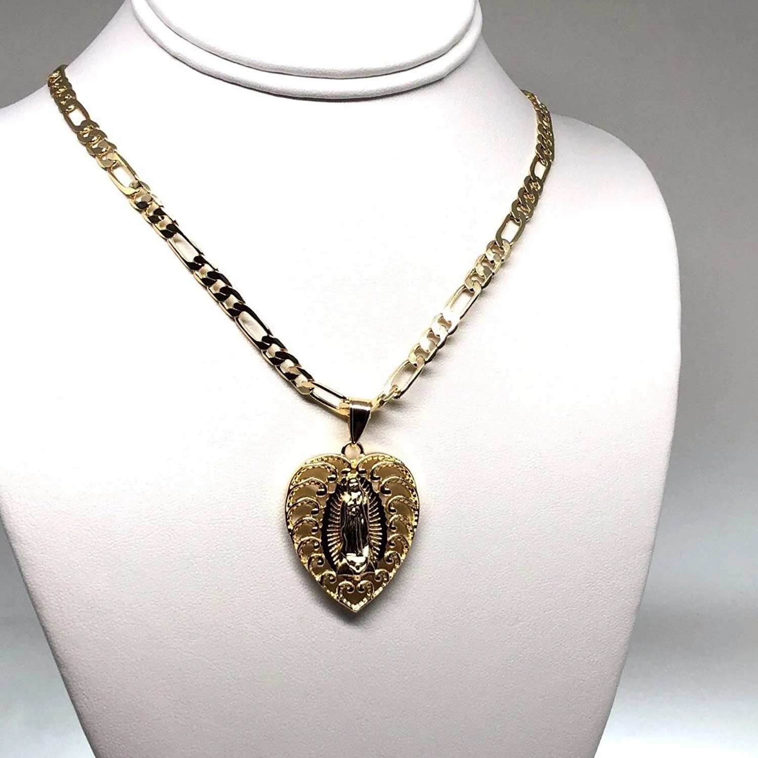 Gold Plated Virgin Mary Heart Pendant Necklace Figaro 26" Corazon Virgen de Guadalupe Medalla Oro Laminado - Image 7