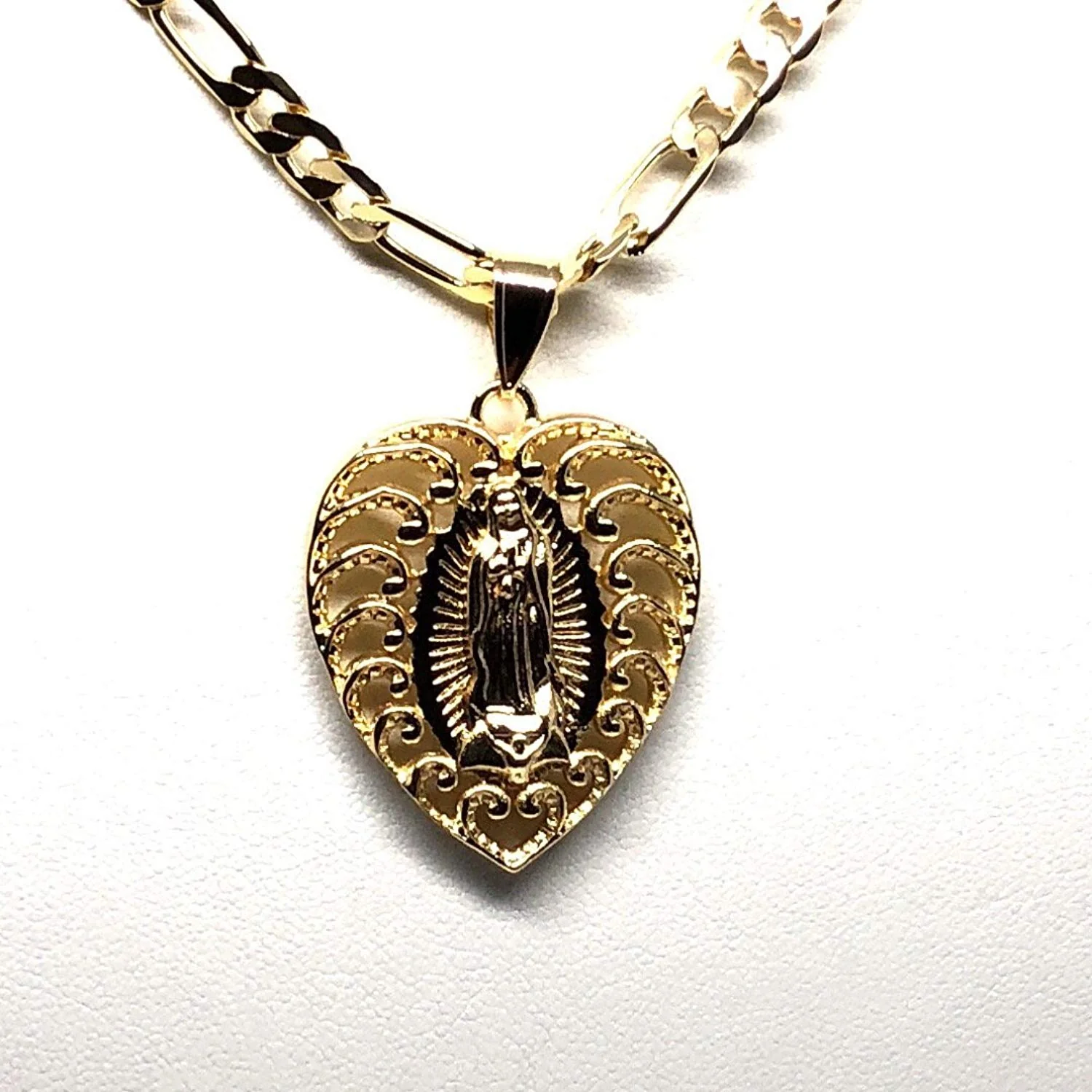 Gold Plated Virgin Mary Heart Pendant Necklace Figaro 26" Corazon Virgen de Guadalupe Medalla Oro Laminado - Image 8