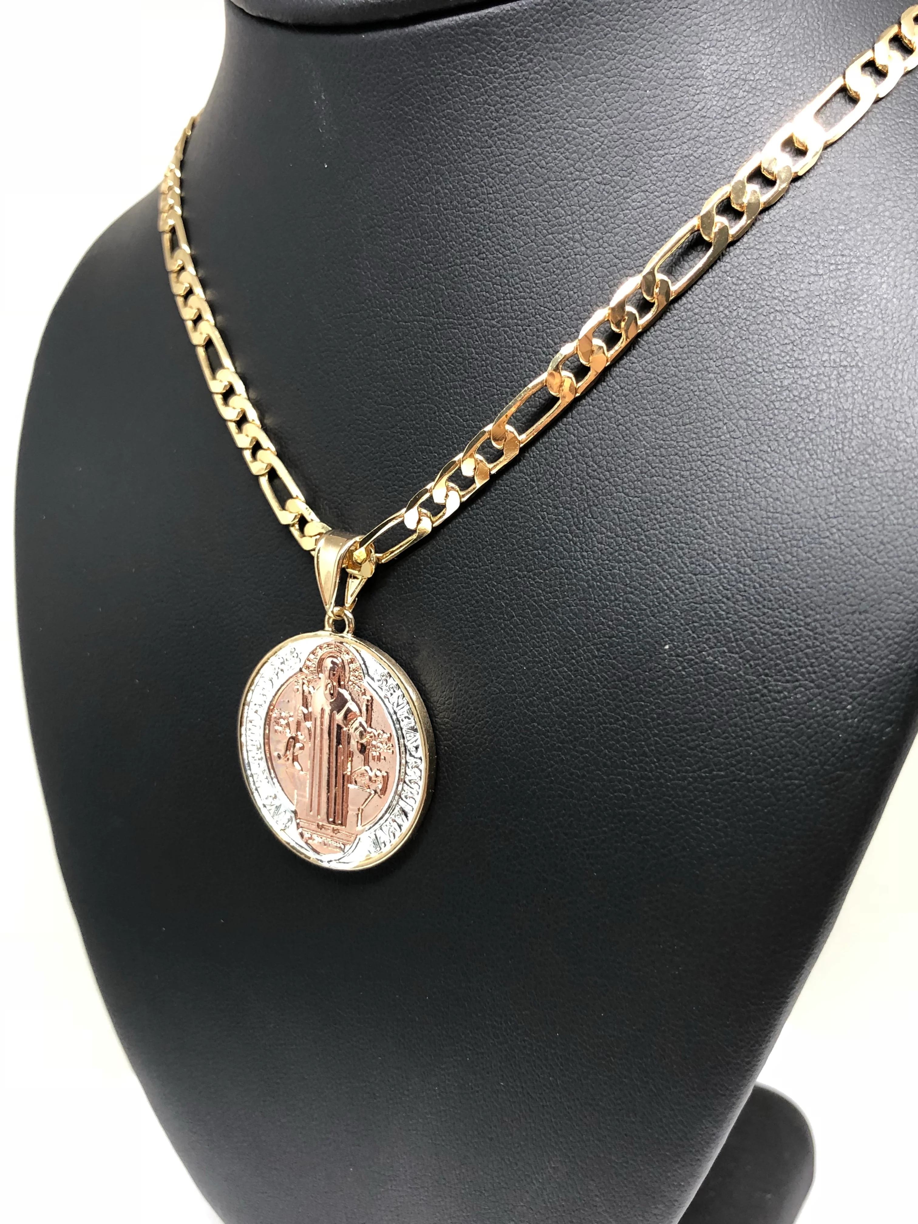 Gold Plated 2-Tone Saint Benedict Medal Pendant Necklace San Benito Medalla Oro Figaro 26" - Image 7