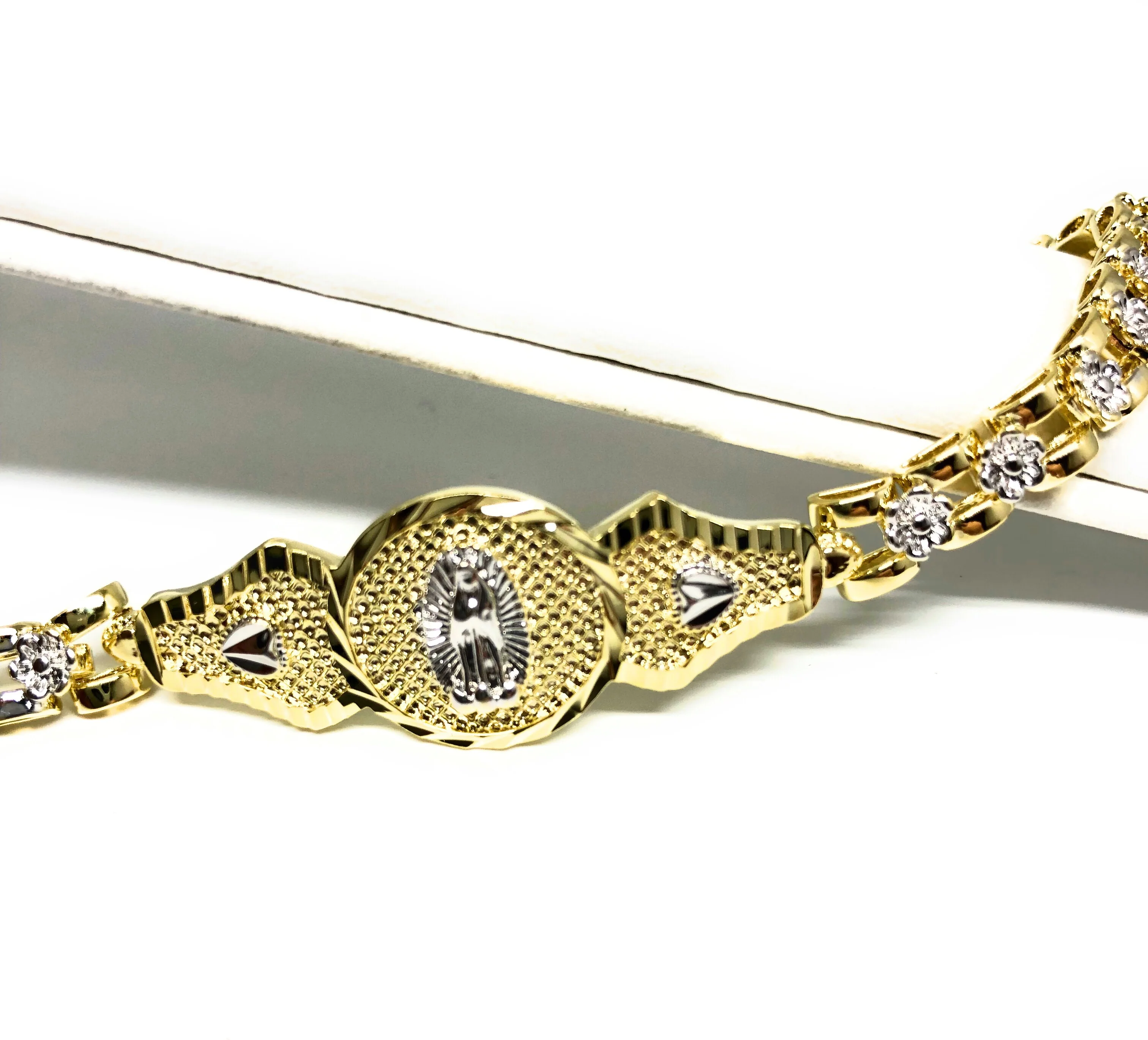 Gold Plated 2-Tone White Gold Virgin Mary Bracelet Virgen De Guadalupe Pulsera Tres Colores Oro Laminado 8" - Image 3