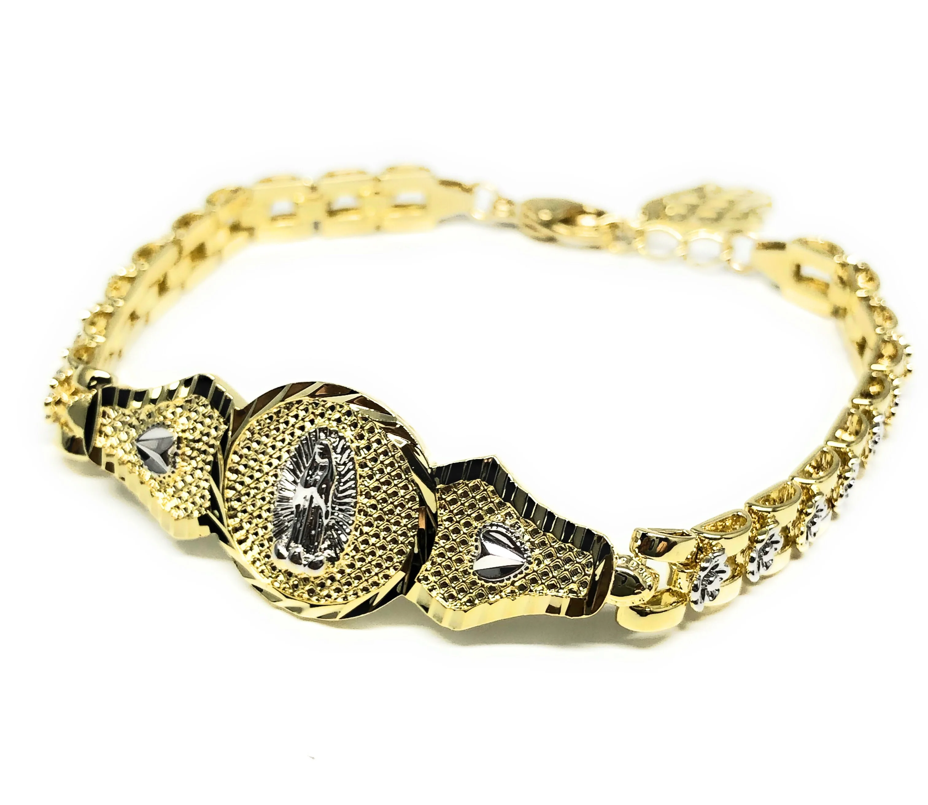 Gold Plated 2-Tone White Gold Virgin Mary Bracelet Virgen De Guadalupe Pulsera Tres Colores Oro Laminado 8" - Image 5