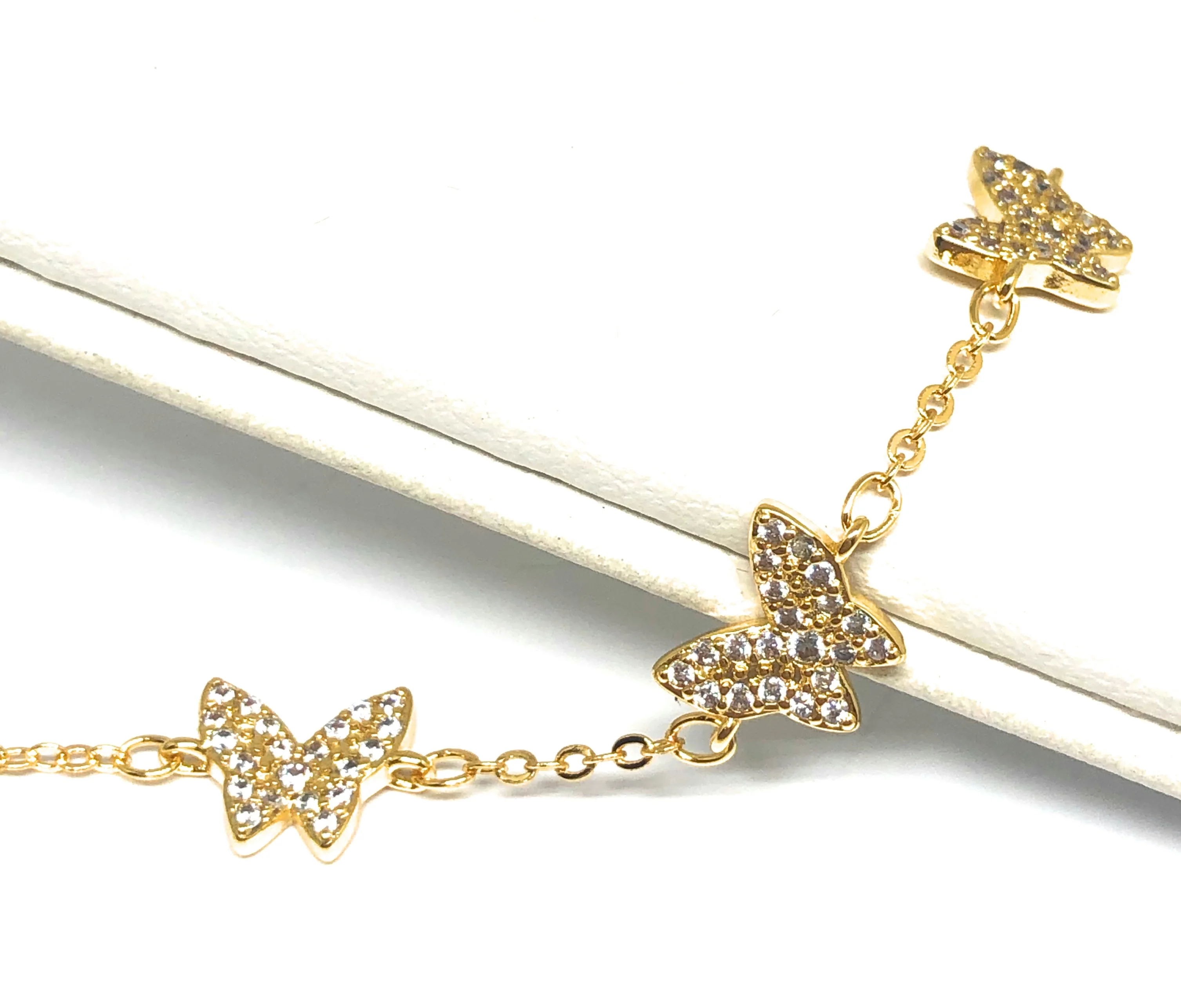 Gold Plated Butterfly Charm CZ Adjustable 8 inch Bracelet - Image 2