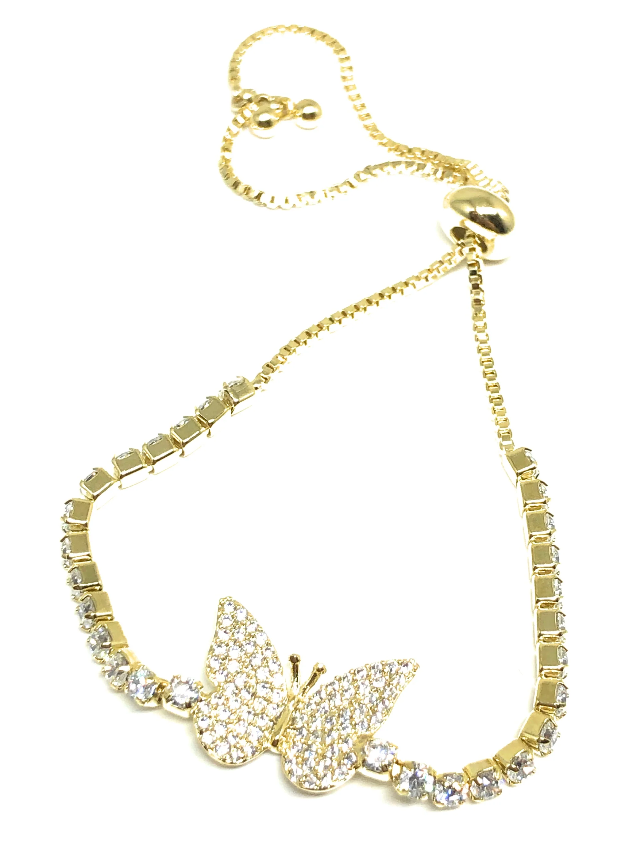 Gold Plated Butterfly Charm CZ Adjustable 9 inch Tennis Bracelet - Image 2
