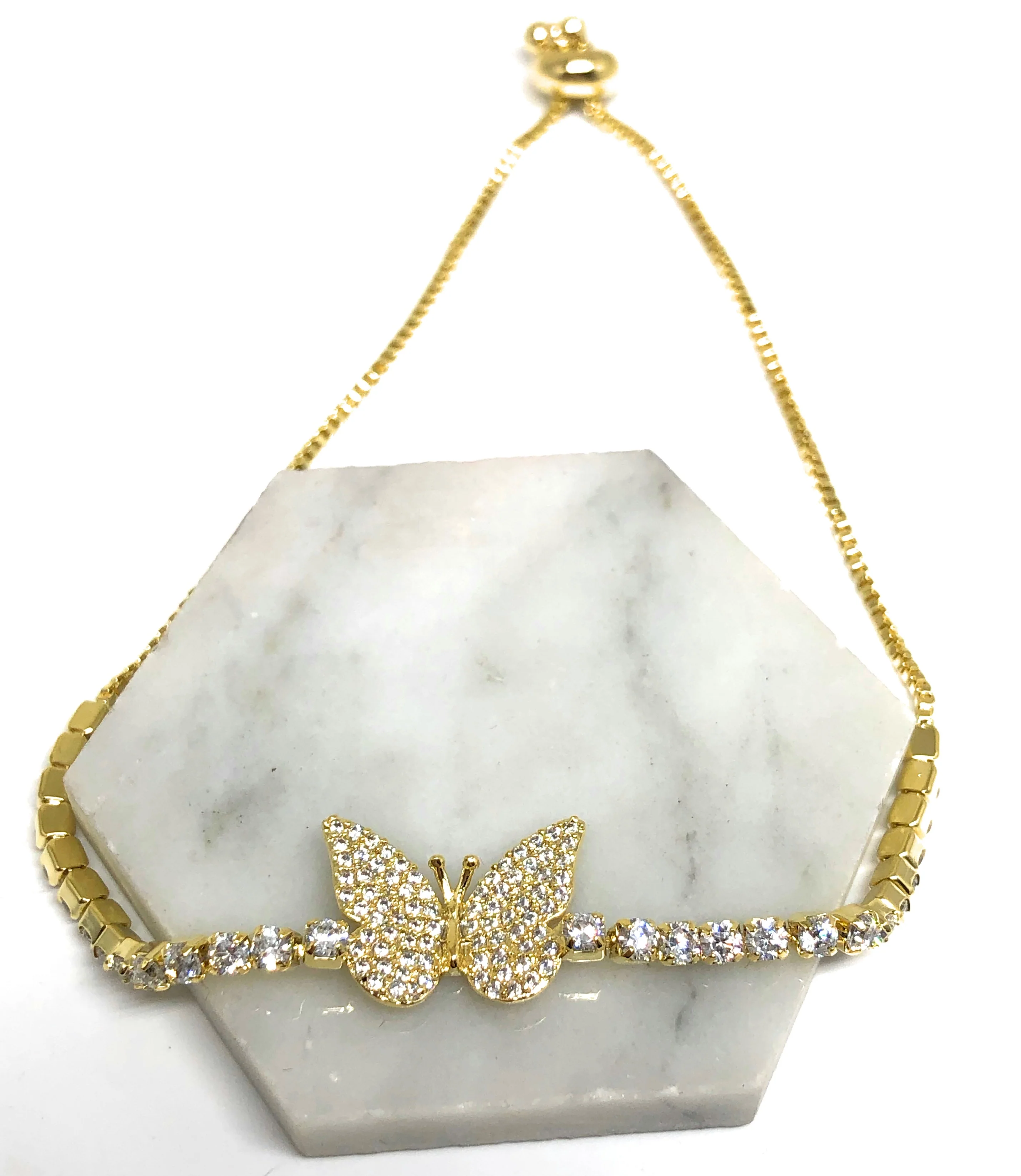 Gold Plated Butterfly Charm CZ Adjustable 9 inch Tennis Bracelet - Image 4