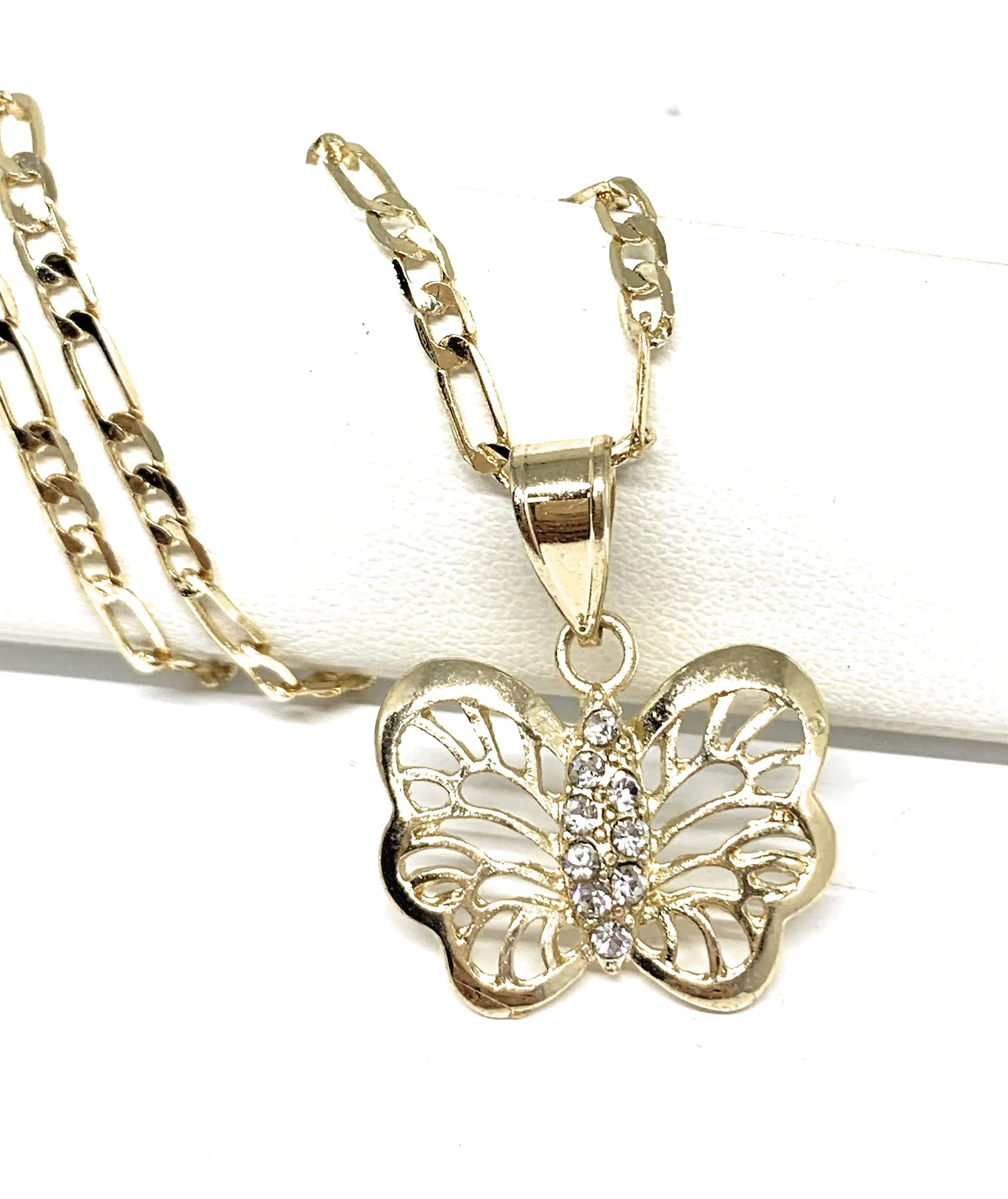 Gold Plated Butterfly CZ Pendant Necklace Chain 24”