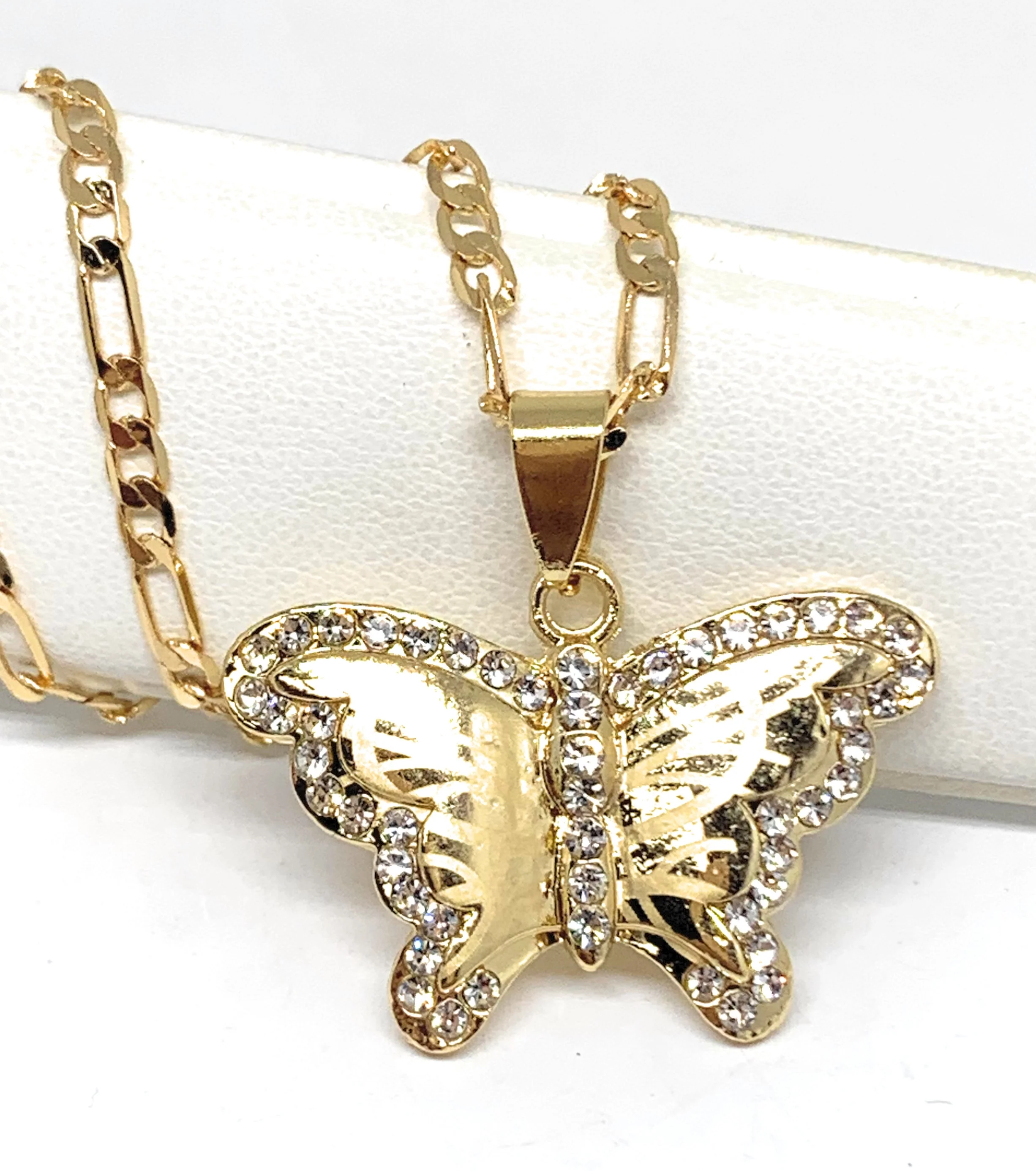 Gold Plated Butterfly CZ Pendant Necklace Chain 24”