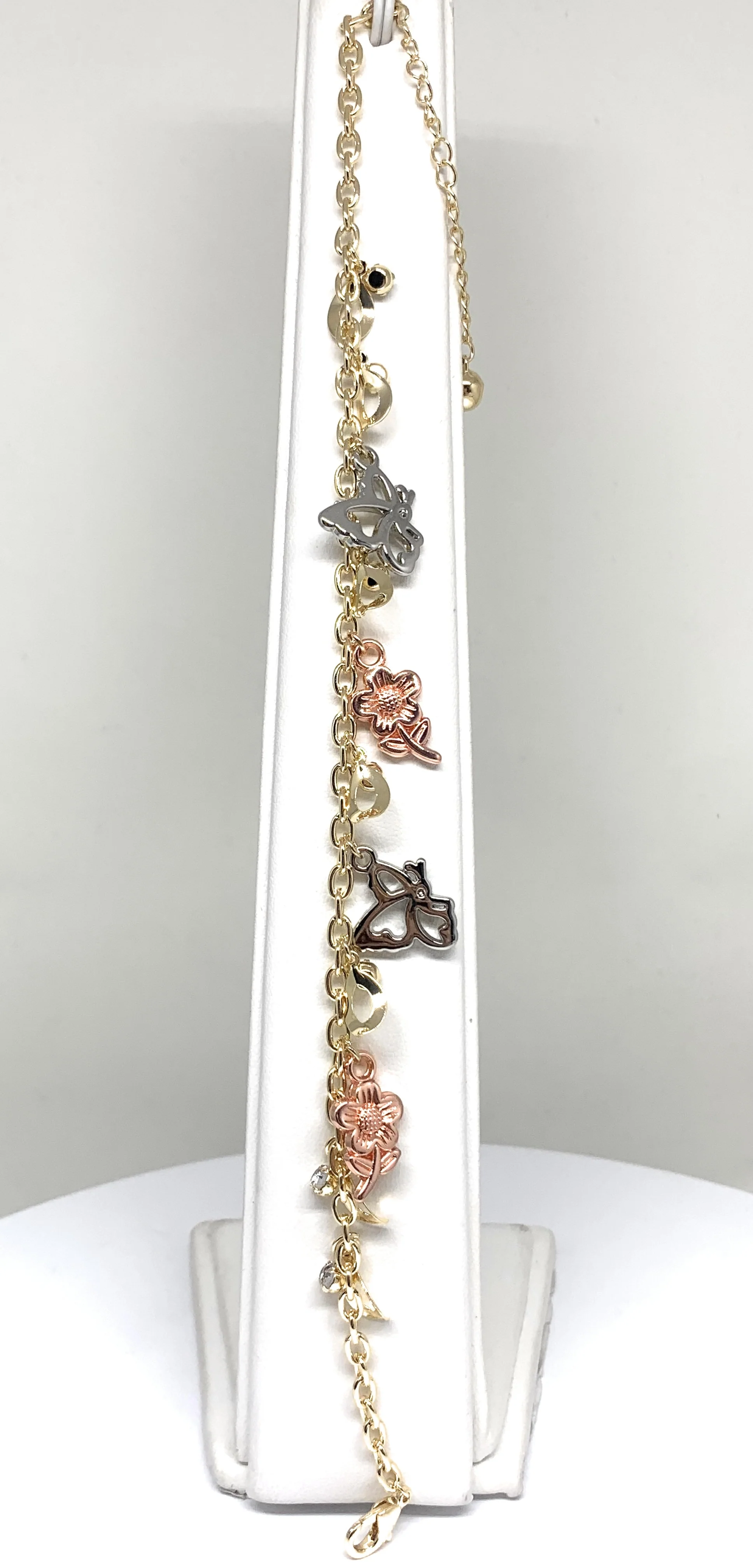 Gold Plated Butterfly & Flower CZ Ankle Bracelet 8-11” - Image 2
