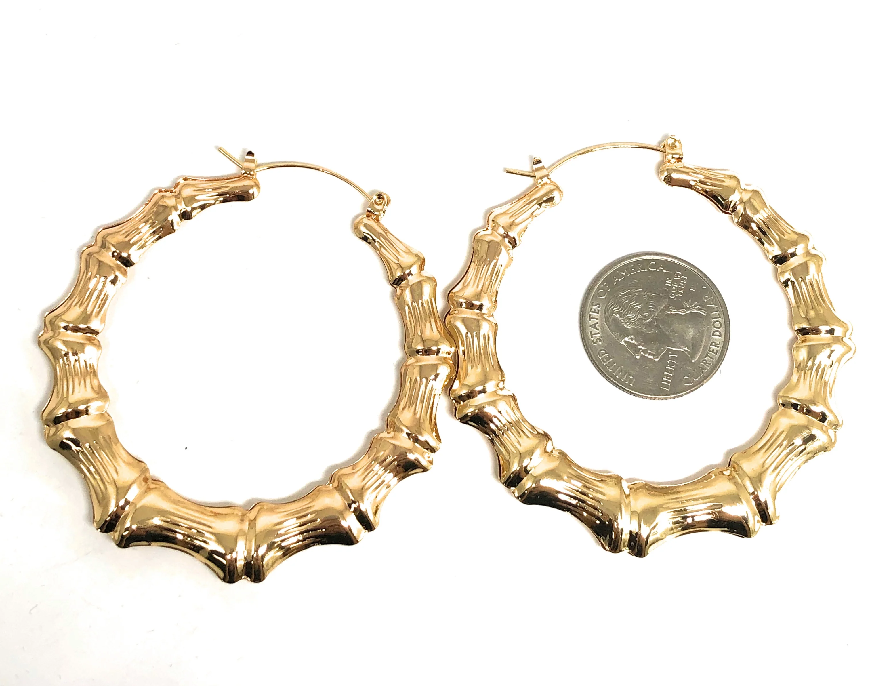 Gold Plated Classic Bamboo Hollow Hoop Earrings Aretes Arracadas (2.5 INCH) - Image 2