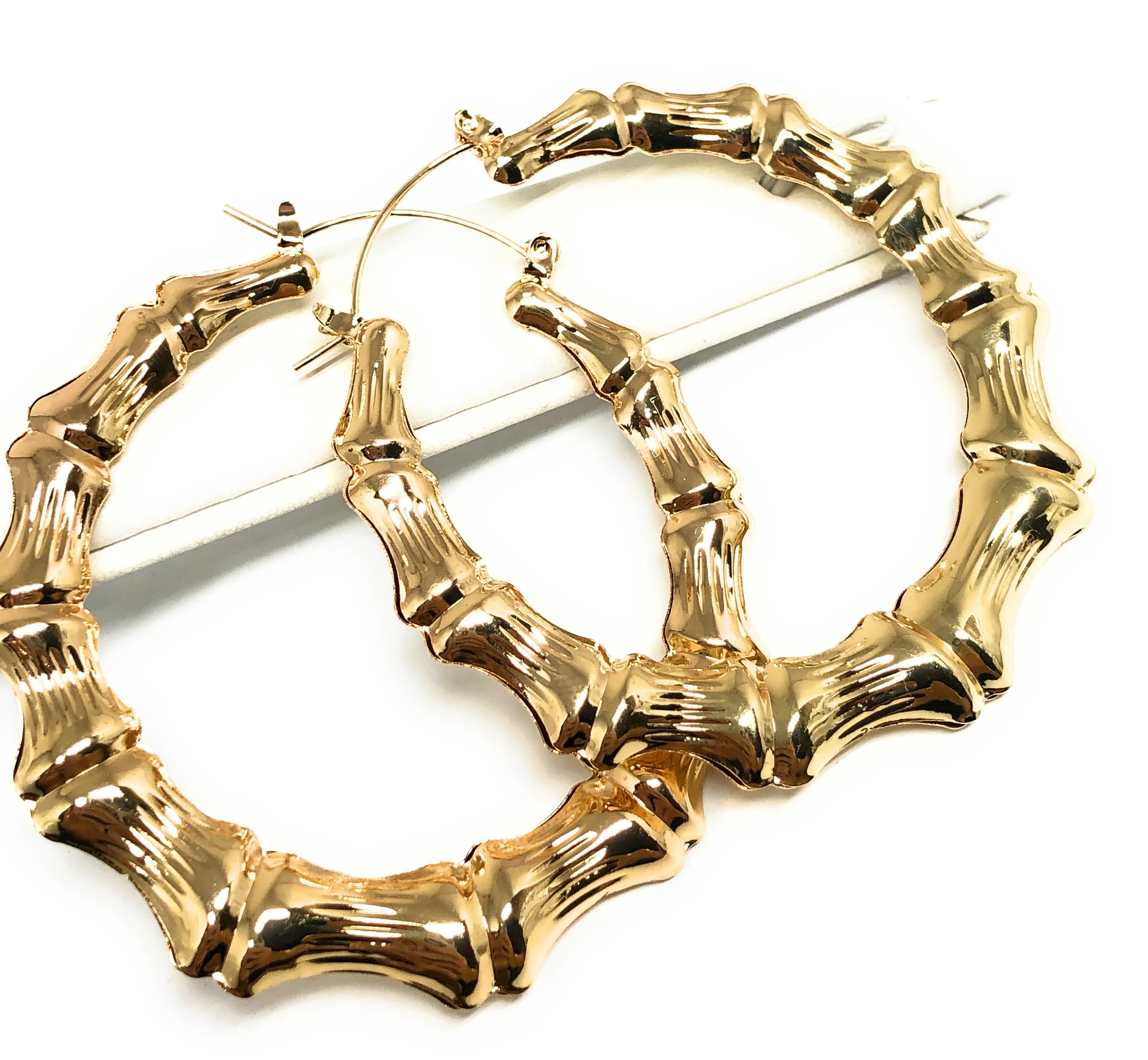 Gold Plated Classic Bamboo Hollow Hoop Earrings Aretes Arracadas (2.5 INCH) - Image 3