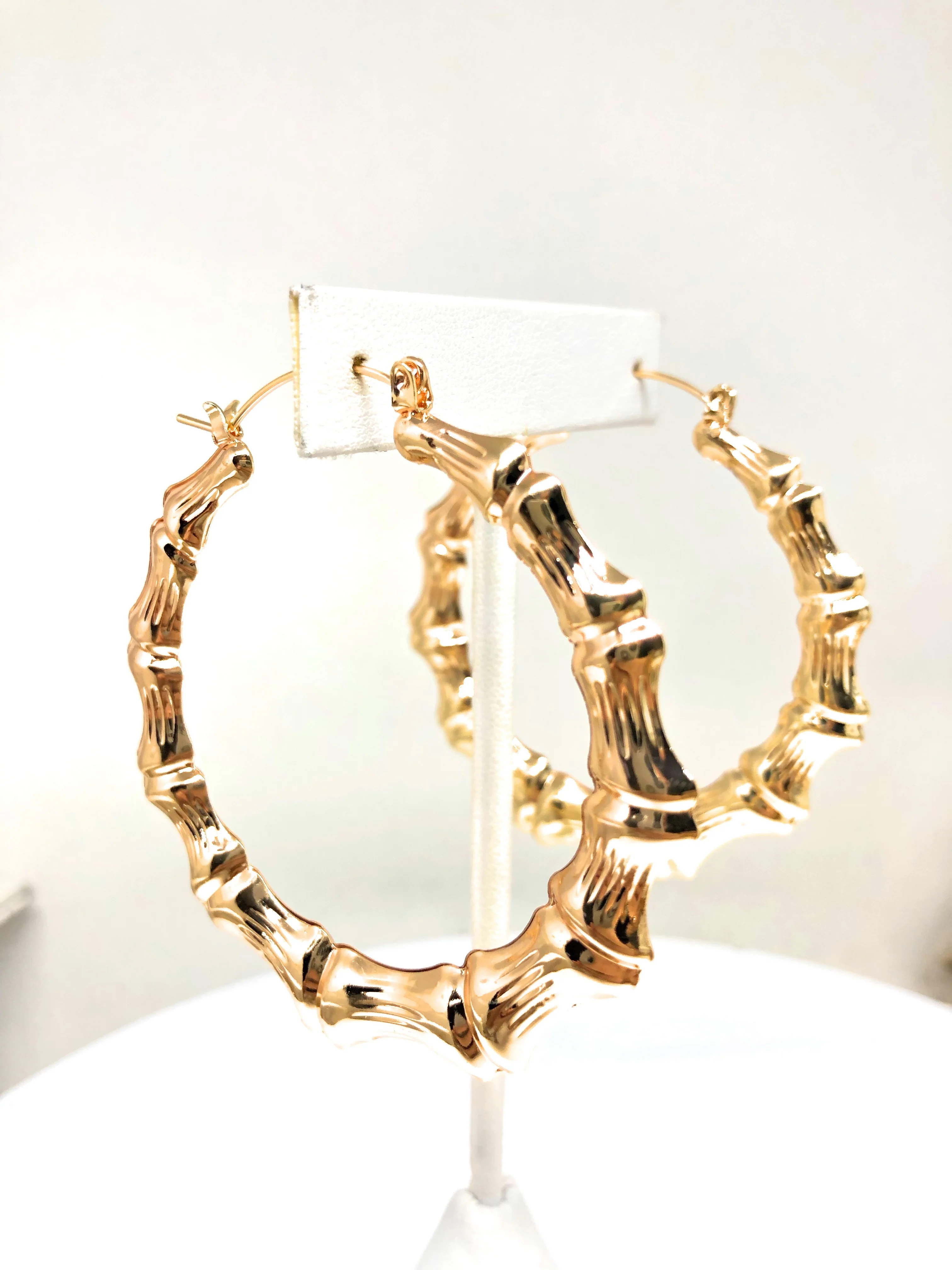 Gold Plated Classic Bamboo Hollow Hoop Earrings Aretes Arracadas (2.5 INCH) - Image 5