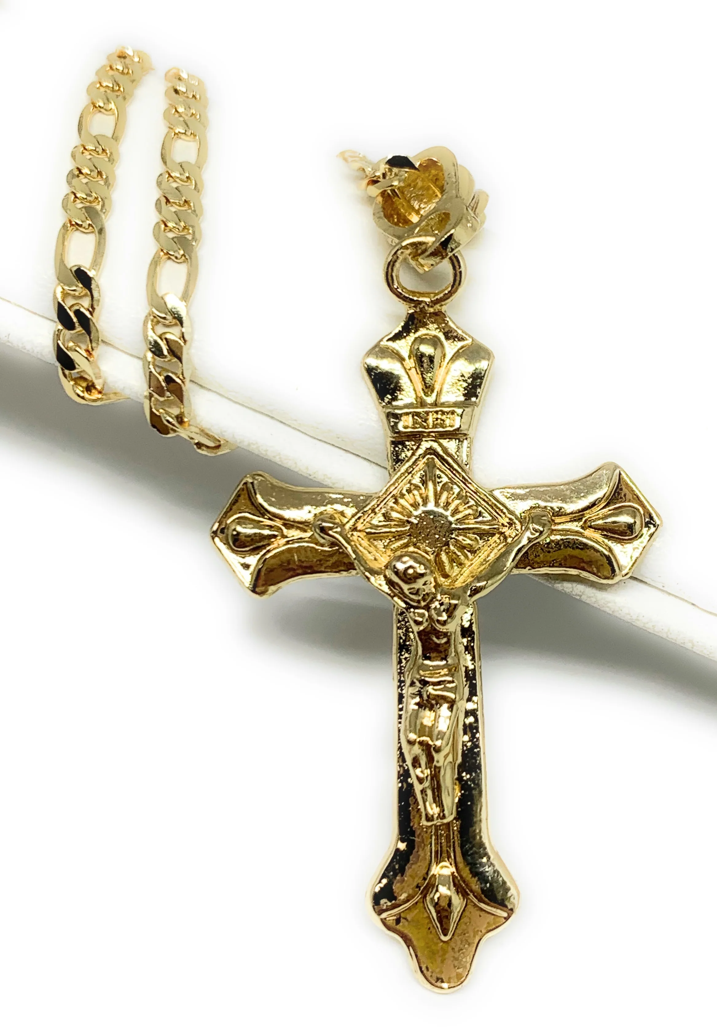 Gold Plated Classic INRI Cross Jesus Crucifix 24" Chain Cruz Crucifijo