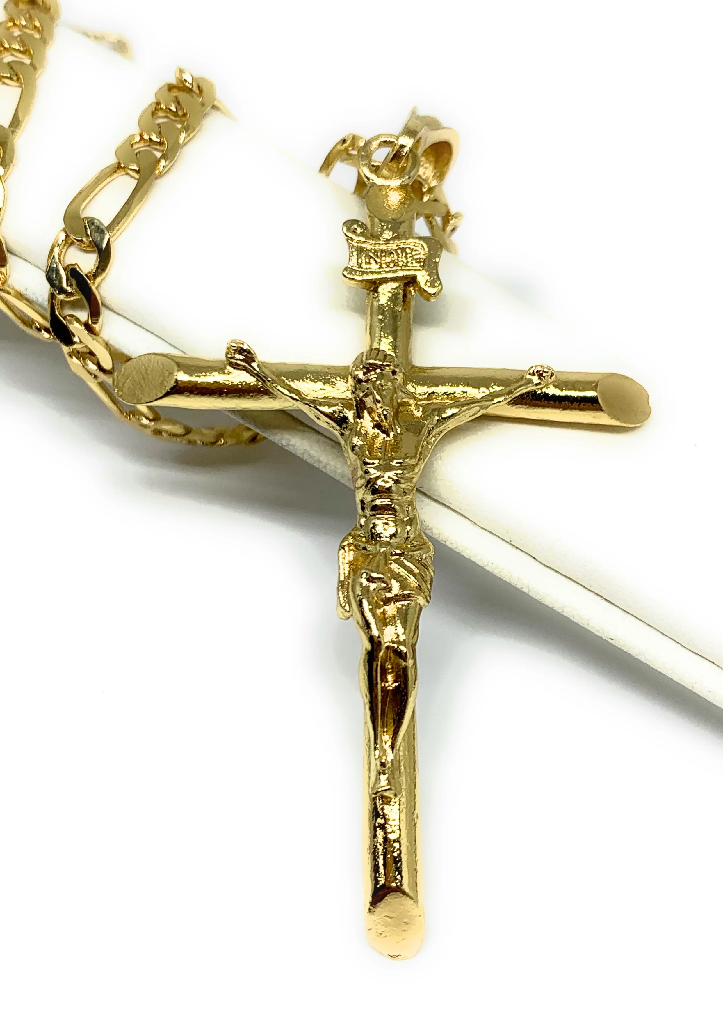 Gold Plated Classic INRI Cross Jesus Crucifix 24" Chain Cruz Crucifijo (SM,MED,LG)