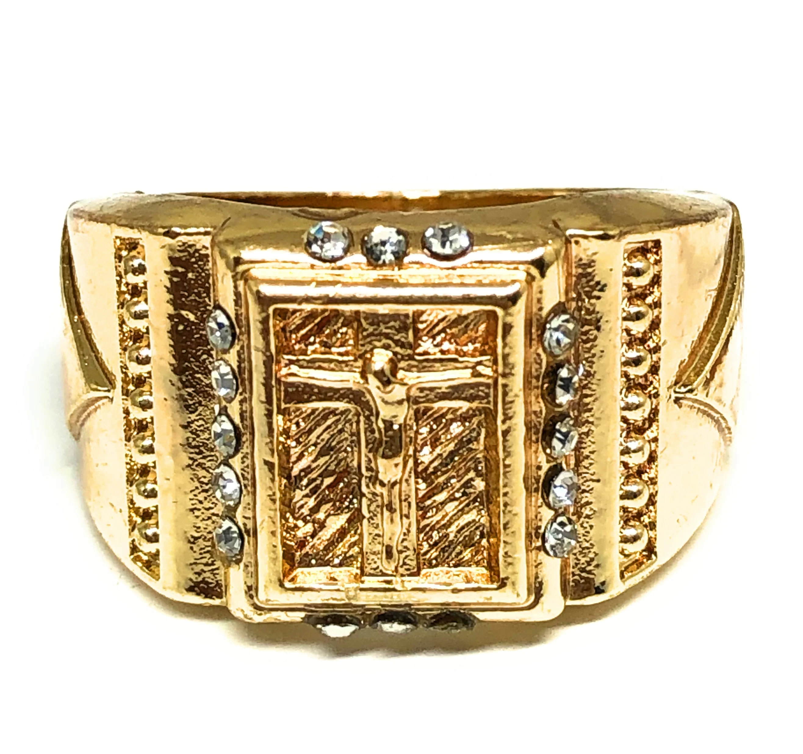Gold Plated Classic Yellow Jesus Cross Crucifix CZ Ring Anillo